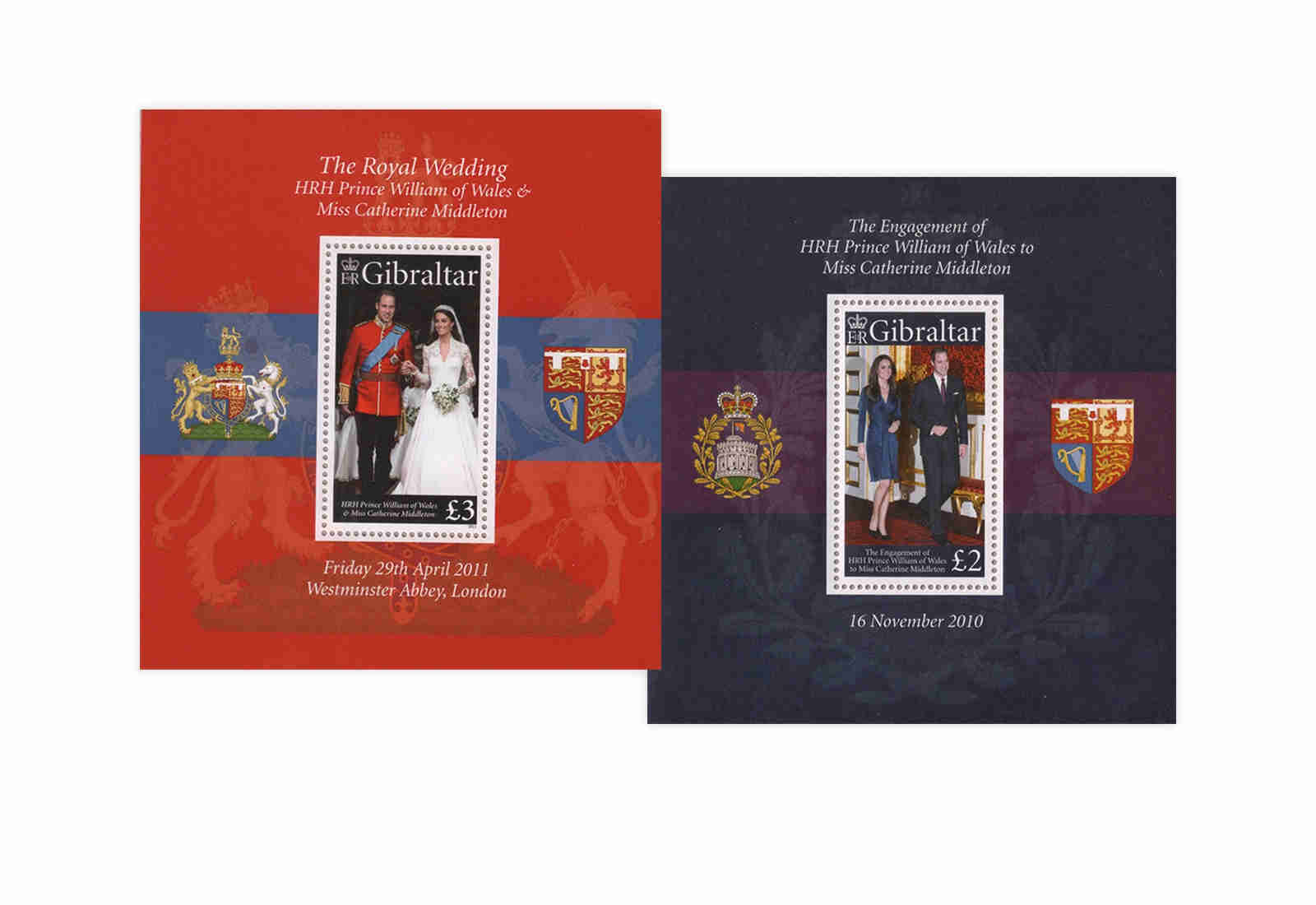 Gibraltar William und Kate Verlobungs- und Hochzeitsblock Block 98 und 101 postfrisch 