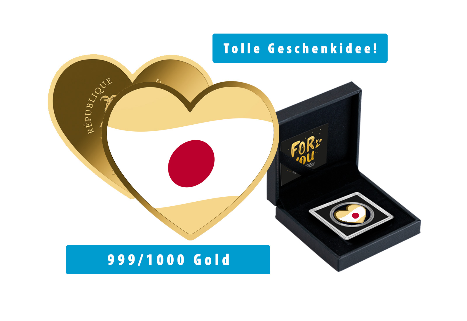 Goldmünze Motiv "Ein Herz für Japan" 999/1000 Gold im Geschenketui