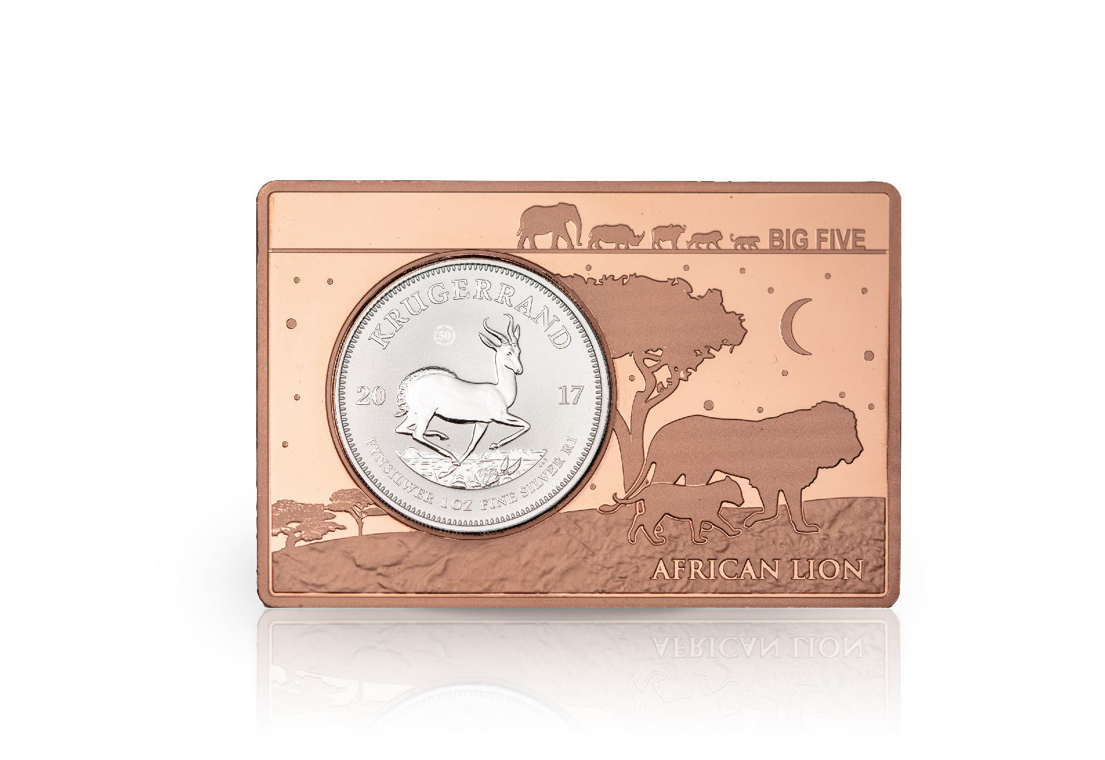 Krügerrand 1 oz Silber 2017 Südafrika 50 J. Jub.eingefasst in einem Kupferbarren