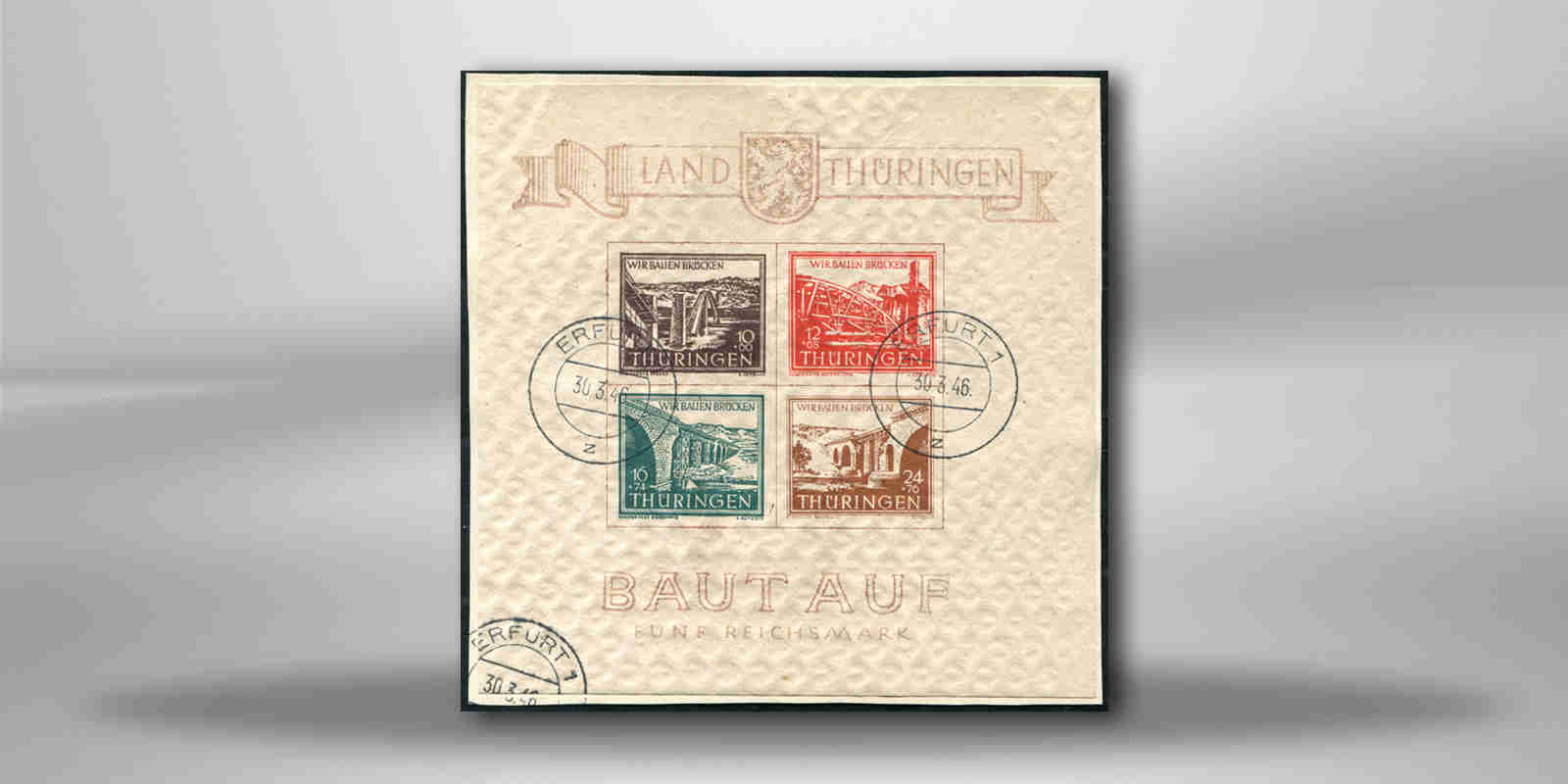 SBZ Block 4 gestempelt und geprüft Brückenbau-Block 1946