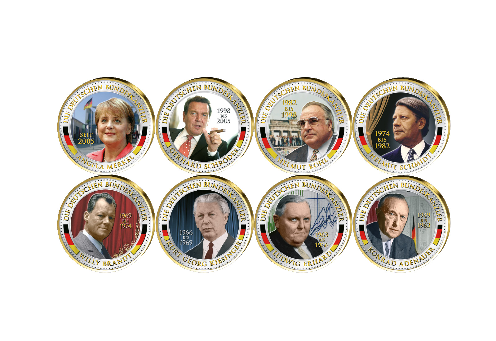 2 Euro Bundeskanzler 8er Kollektion mit Kaltemaille u. 24 kt Goldaufl.
