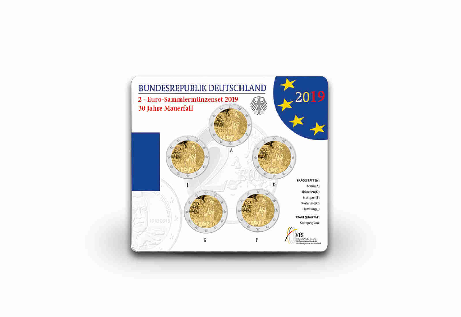 2 Euro 2019 Deutschland 30 Jahre Mauerfall st Prägestätte A-J im Blister