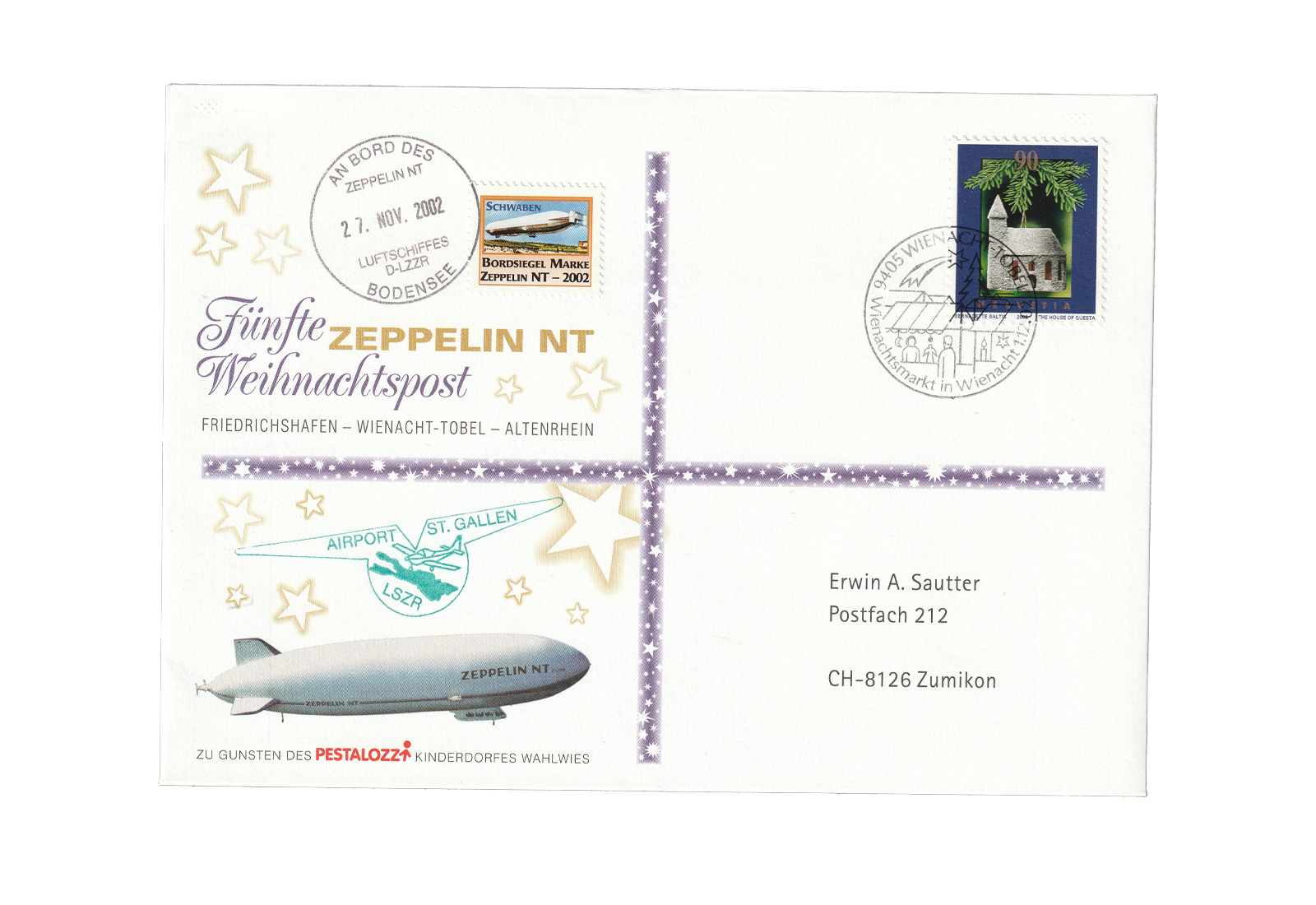 Zeppelin Beleg 2002 Fünfte Zeppelin Weihnachtspost an Bord des Zeppelin