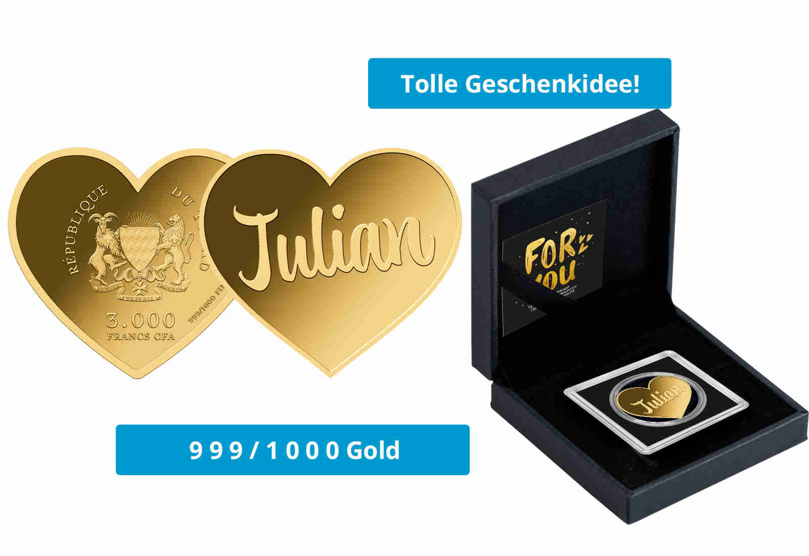 Goldmünze Motiv "Herz Julian" 999/1000 Gold im Geschenketui