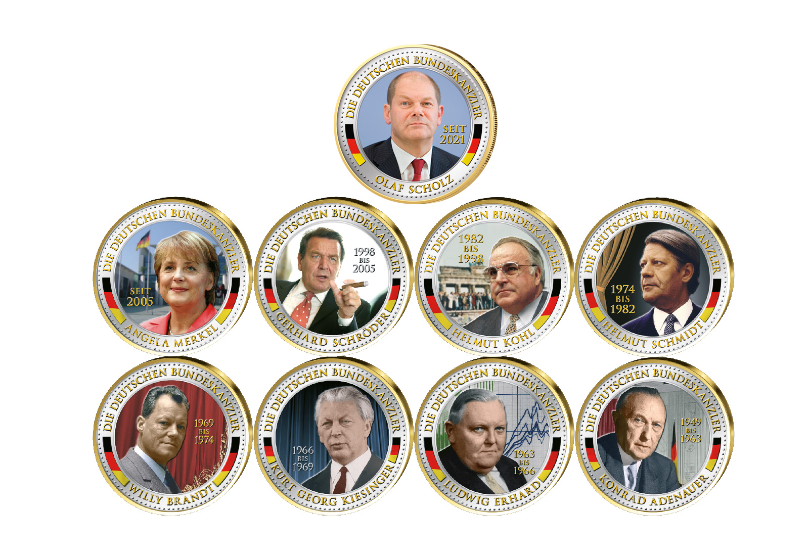 2 Euro Bundeskanzler 9er Kollektion mit 24 Karat Goldauflage und Farbmotiv
