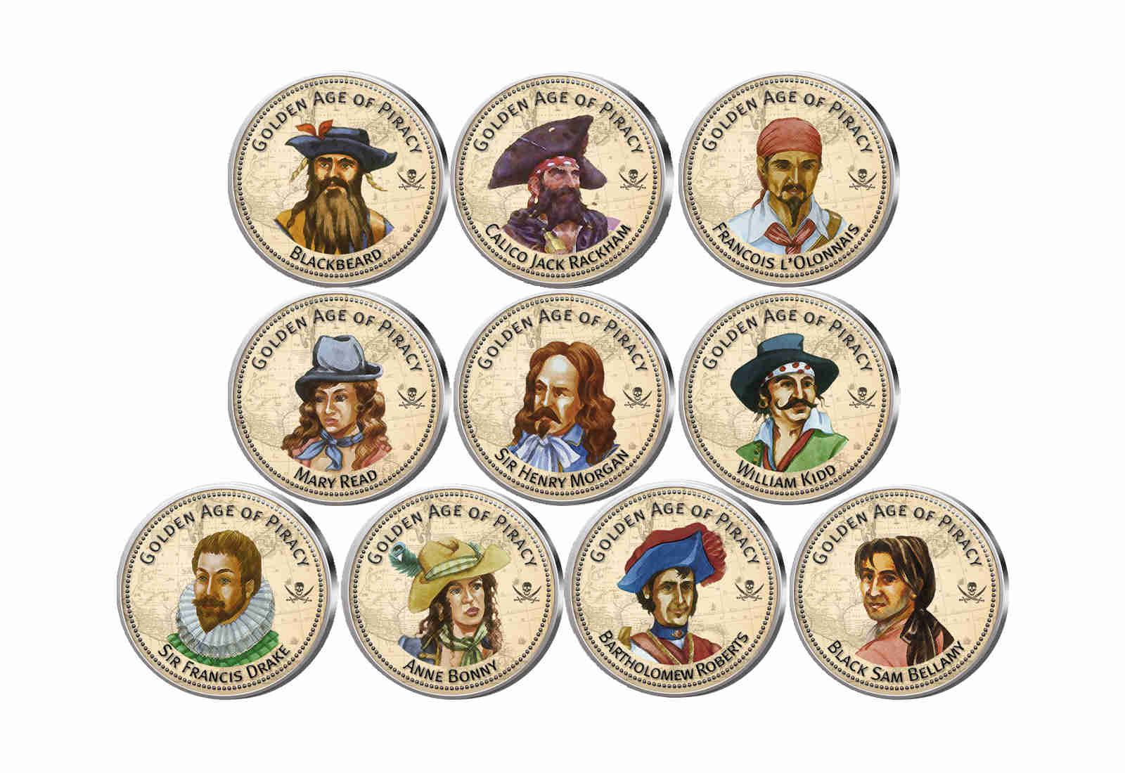 Golden Age of Piracy 10er Kollektion mit Farbmotiv im Etui inkl. Zertifikat