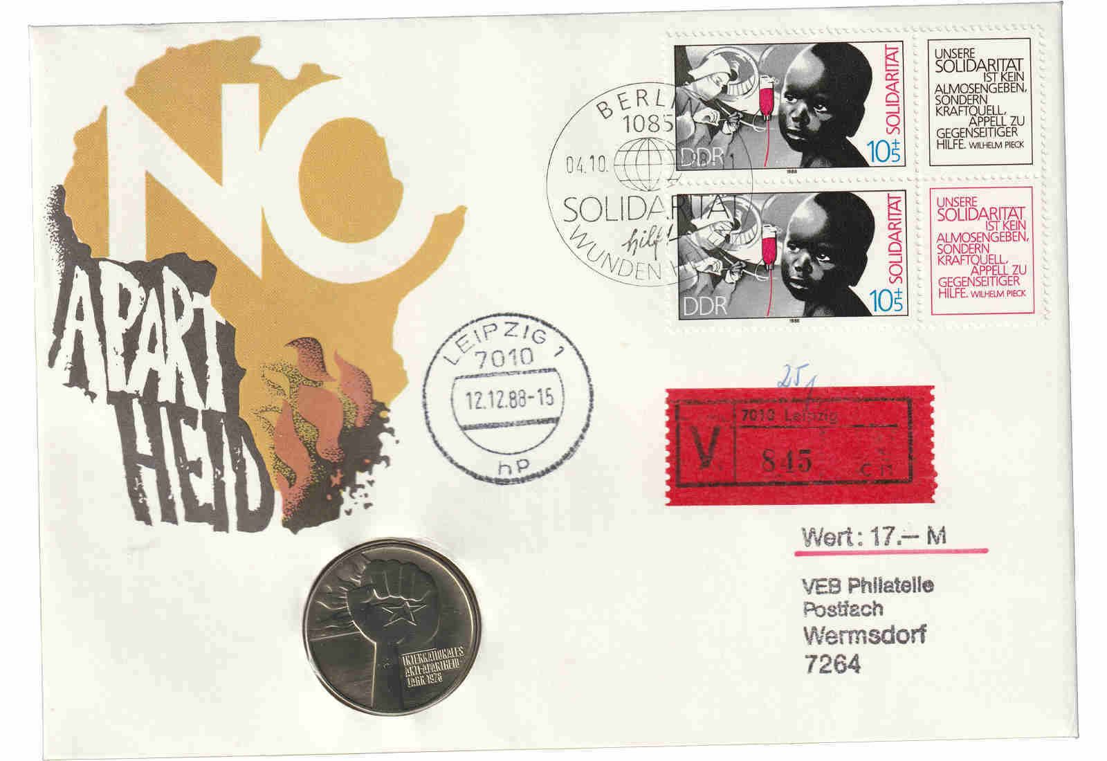 DDR Numisbrief J. 1569 5 Mark Apartheid 1978
 
 