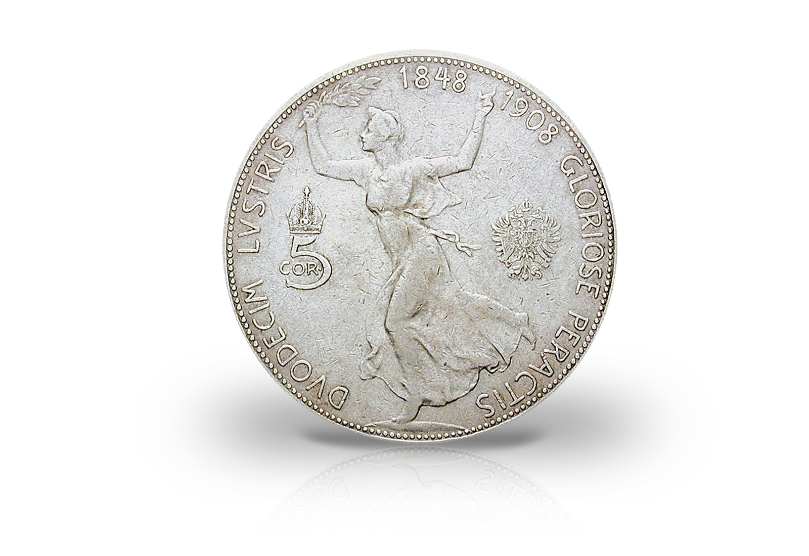 5 Kronen Silbermünze 1908 Österreich mit Tänzerin im Hintergrund
