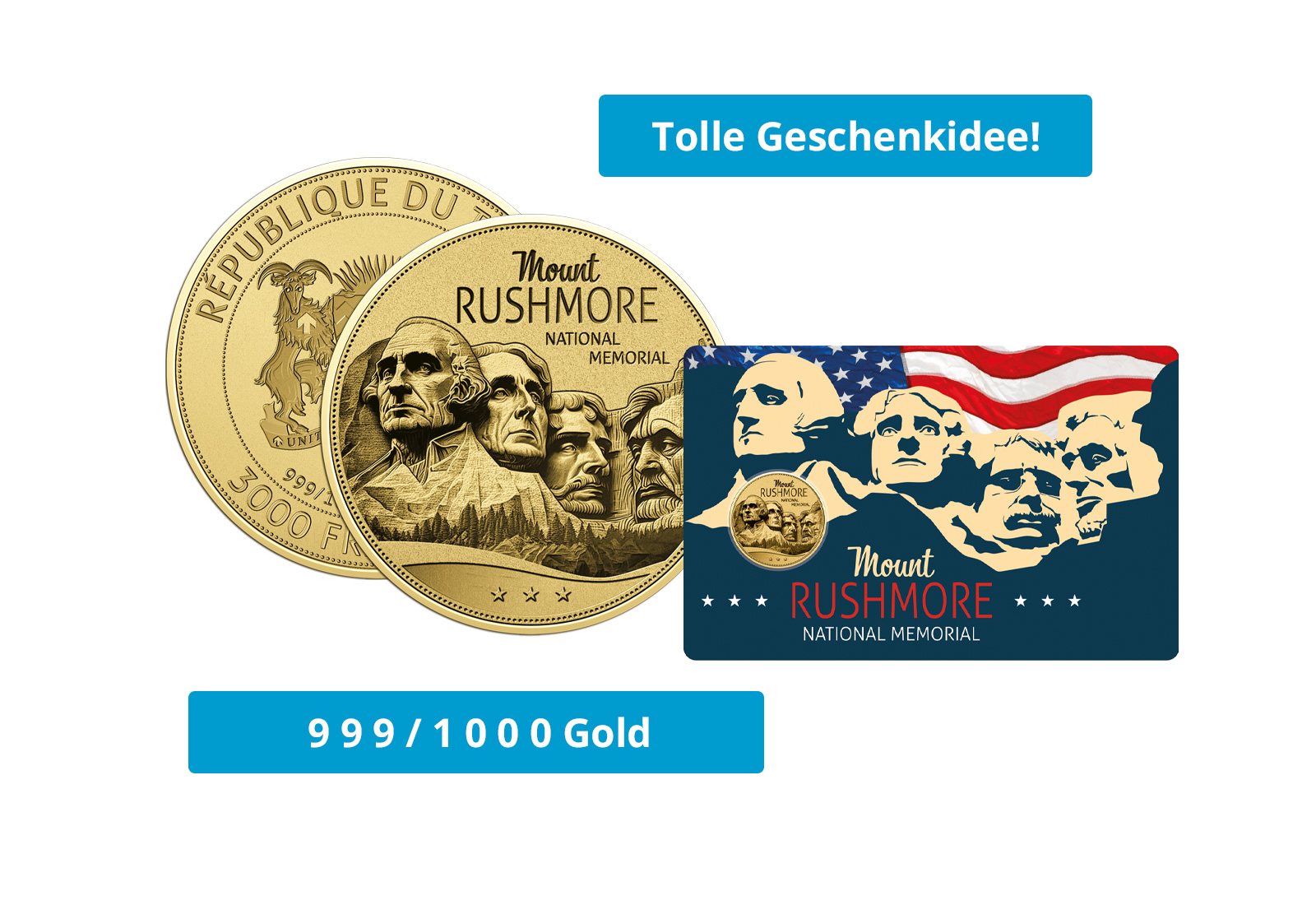 Goldmünze Motiv "Mount Rushmore" Coincard 999/1000 Gold Geschenk