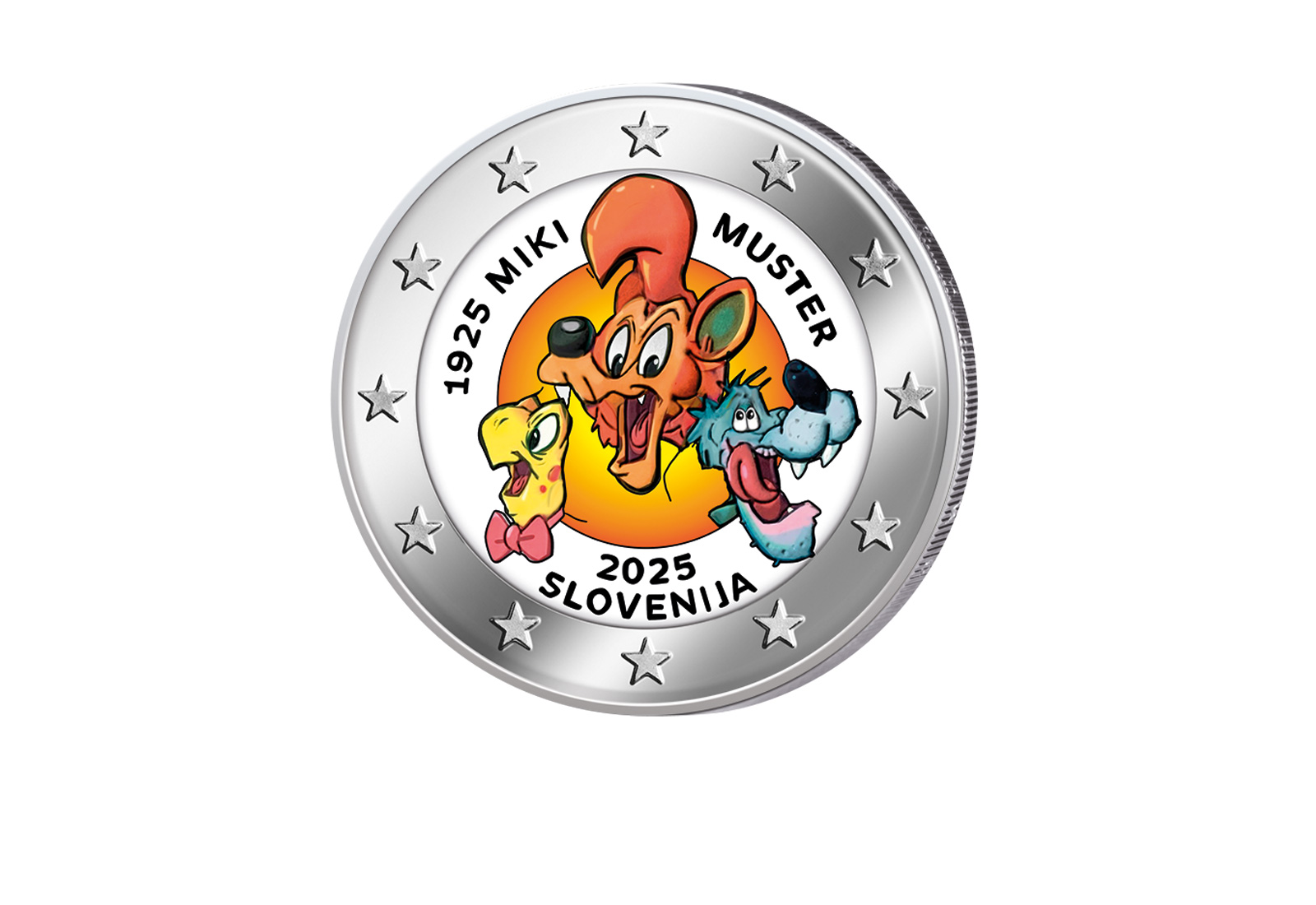 2 Euro 2025 Slowenien 100. Geburtstag Miki Muster mit Farbapplikationen