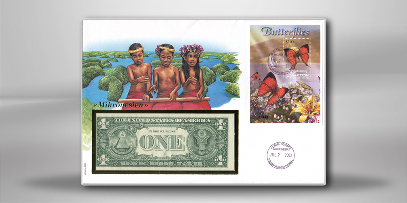 Banknotenbrief Mikronesien 1 Dollar Banknote und Briefmarkenblock