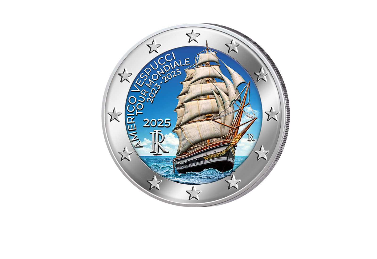 2 Euro 2025 Italien Weltreise des Segelschiffes Amerigo Vespucci 2023 - 2025 mit Farbapplikation