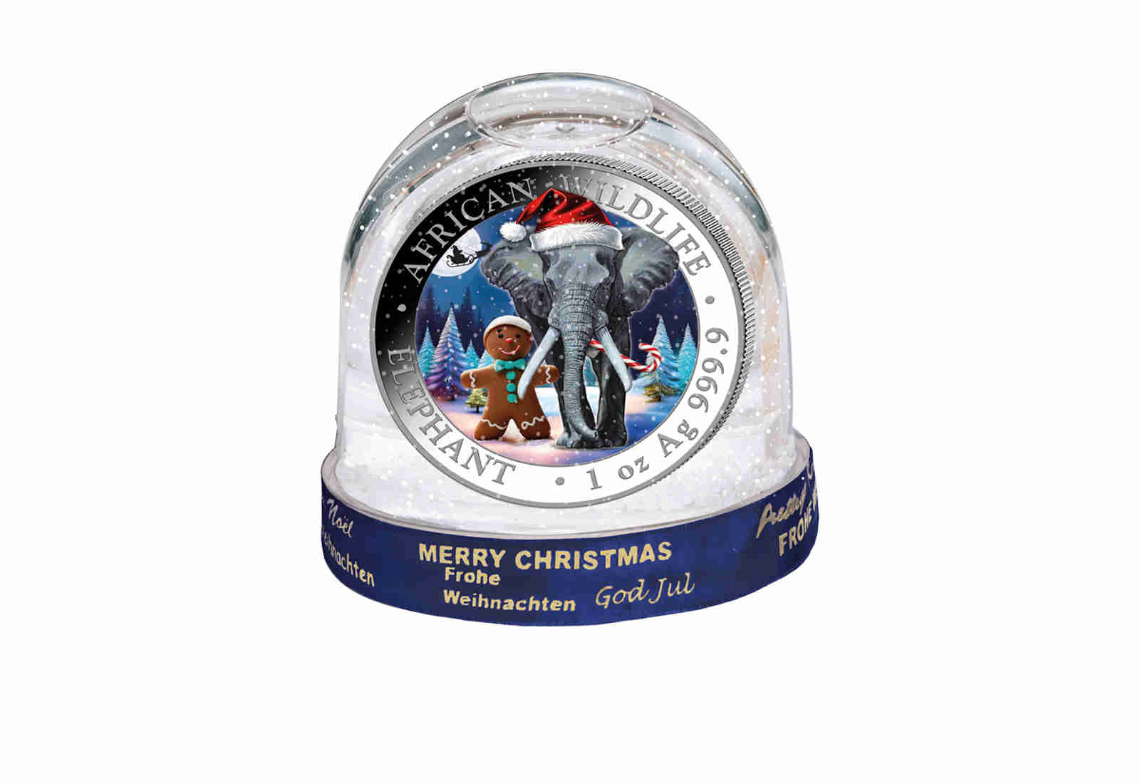 African Wildlife Serie 1 oz Silber 2025 Somalia Elefant mit Farbapplikation in Schneekugel