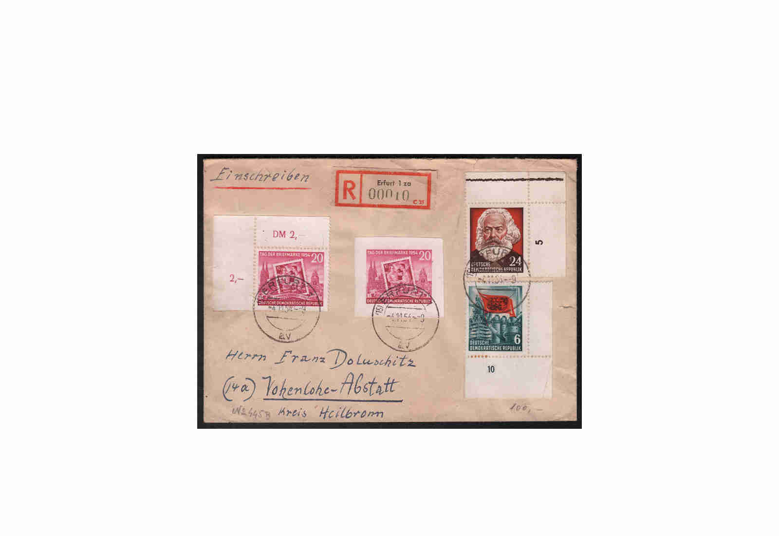 DDR Michel-Nr. 445 MiF auf R-Brief gestempelt