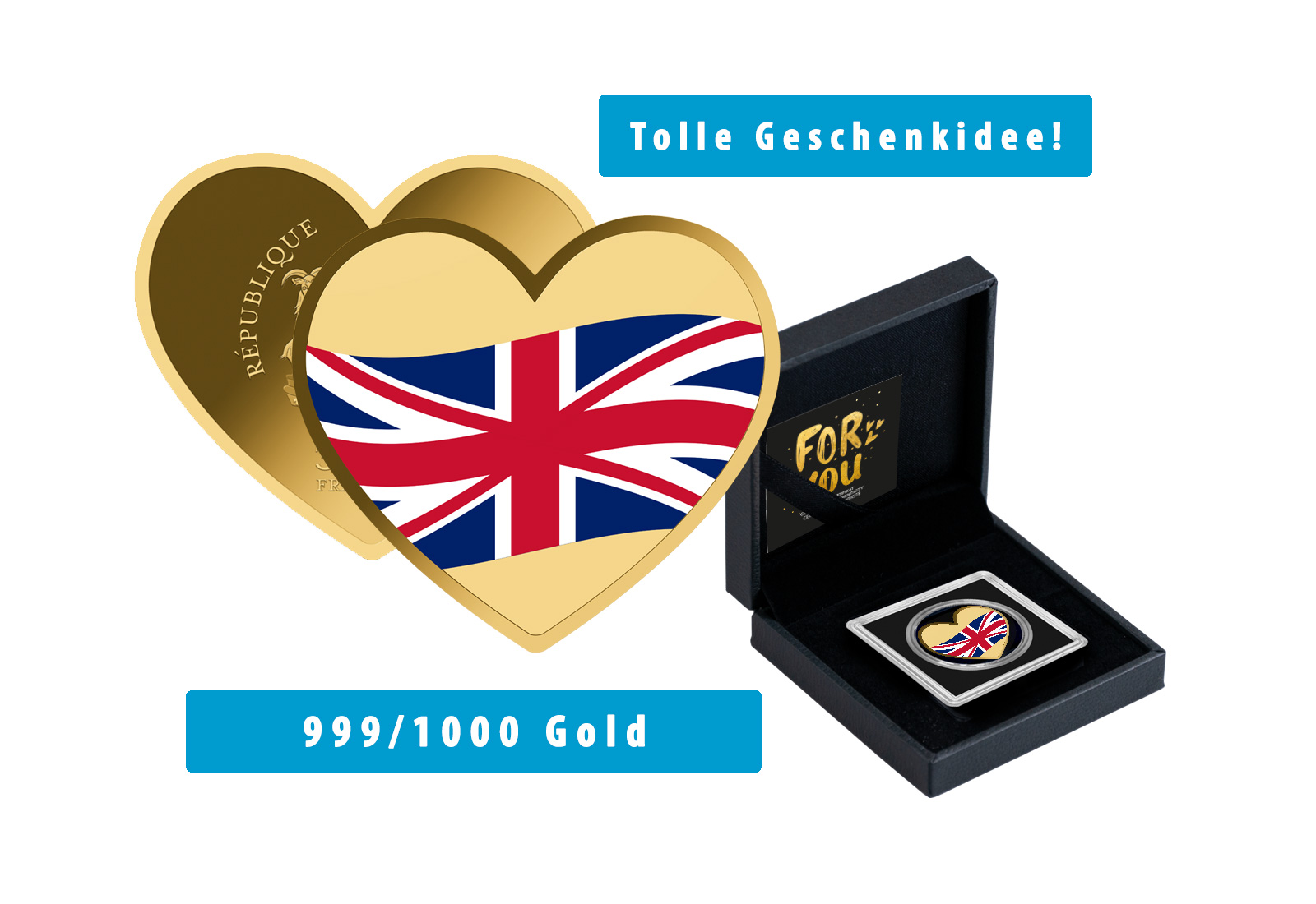 Goldmünze Motiv "Ein Herz für UK" 999/1000 Gold im Geschenketui