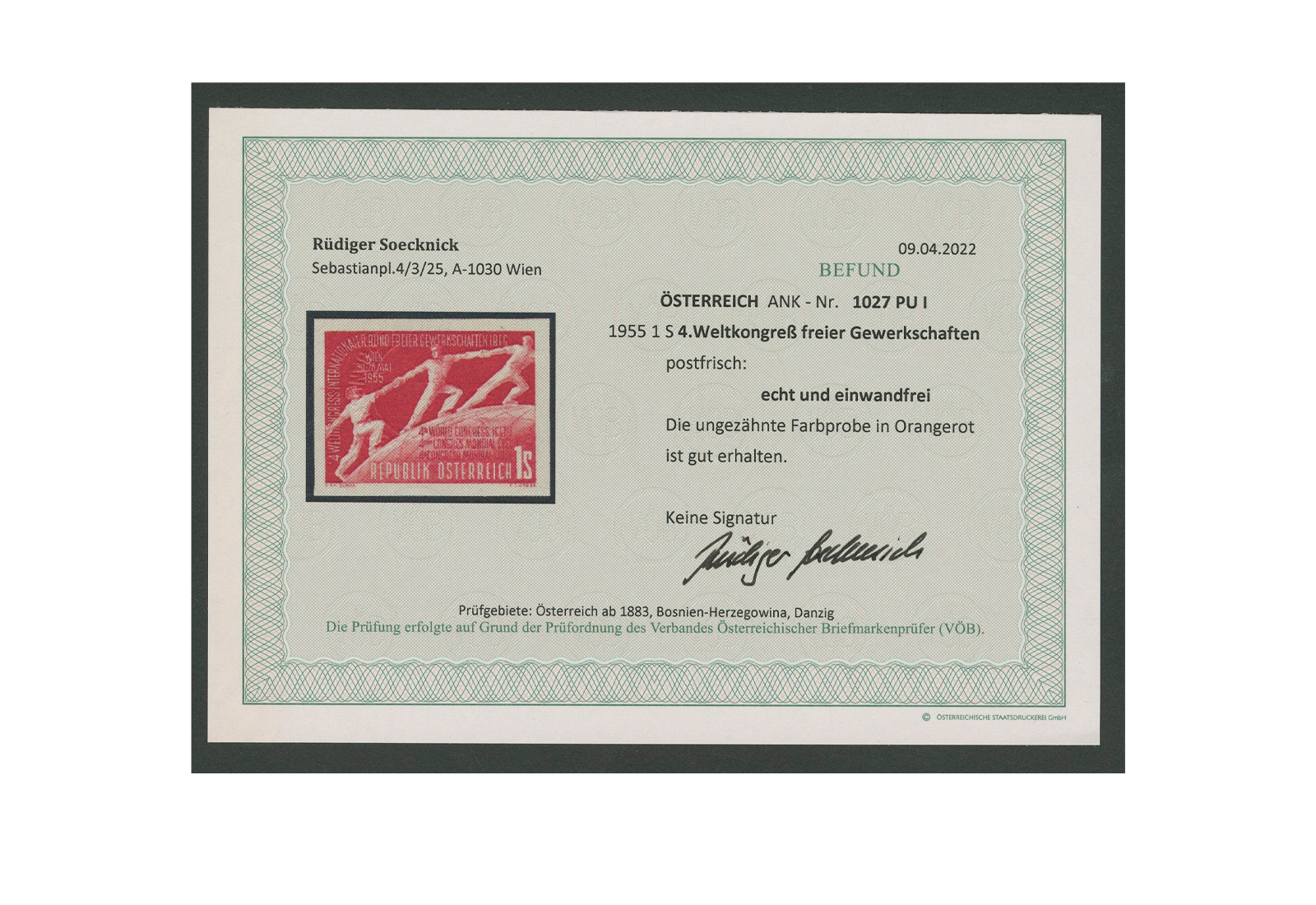 Österreich ANK 1027 PU ** ungezähnte Farbprobe in Orangerot mit Befund