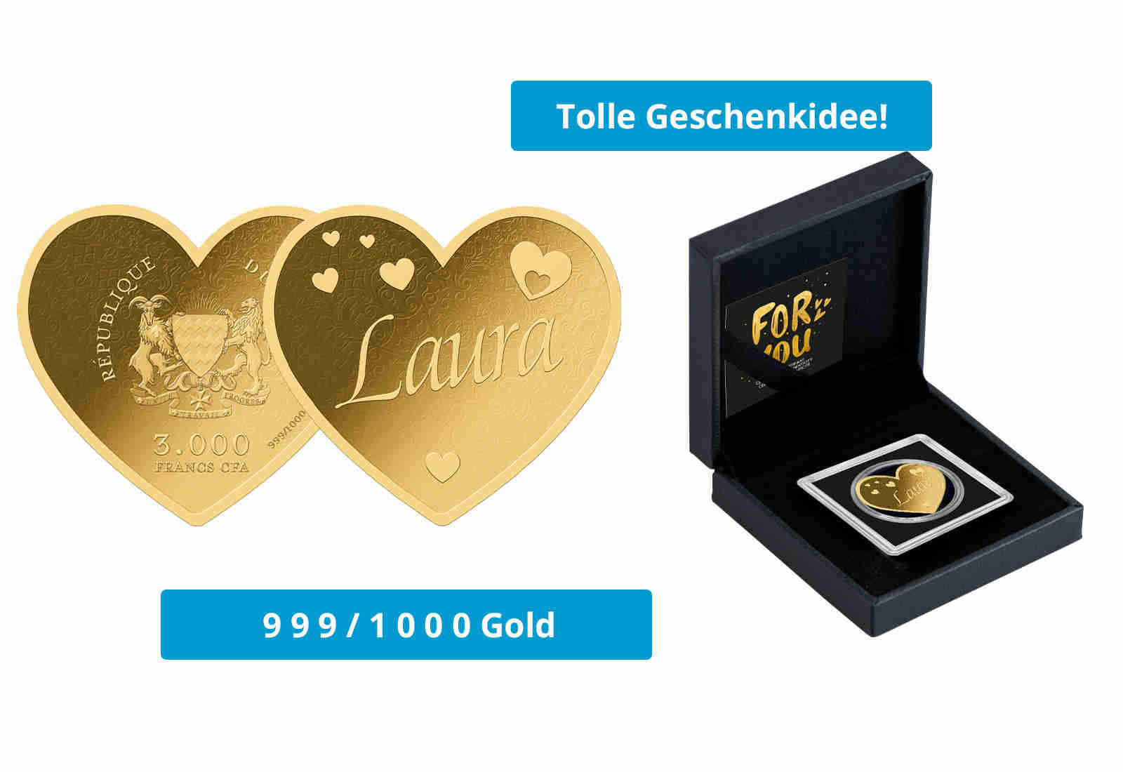 Goldmünze Motiv "Herz Laura" 999/1000 Gold im Geschenketui