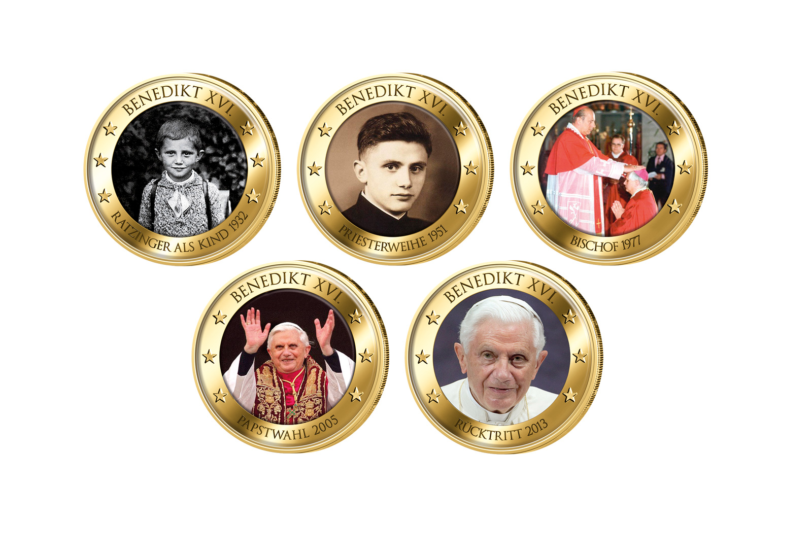 5x 2-Euro Lebensweg Benedikt XVI. vergoldet mit Farbmotiv in Kollektion