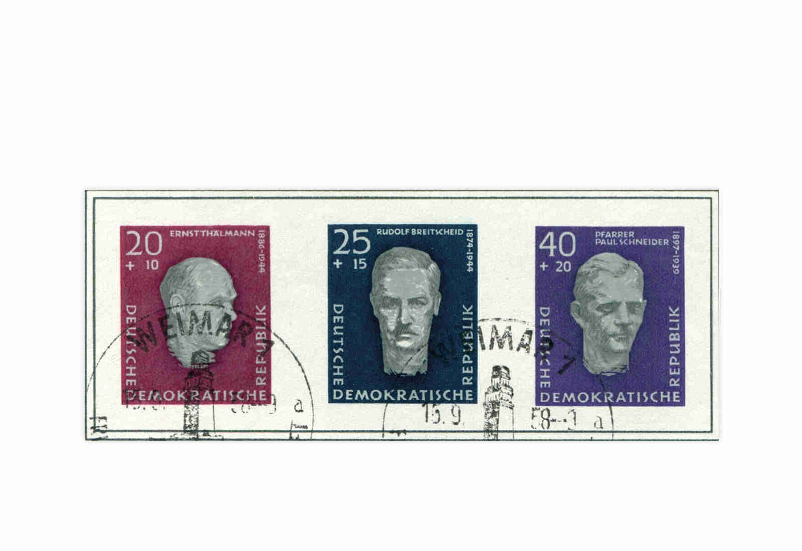 Briefmarken DDR Block Aufbau Nationaler Gedenkstätten 1957 Michel-Nr. 606-608 B gestempelt