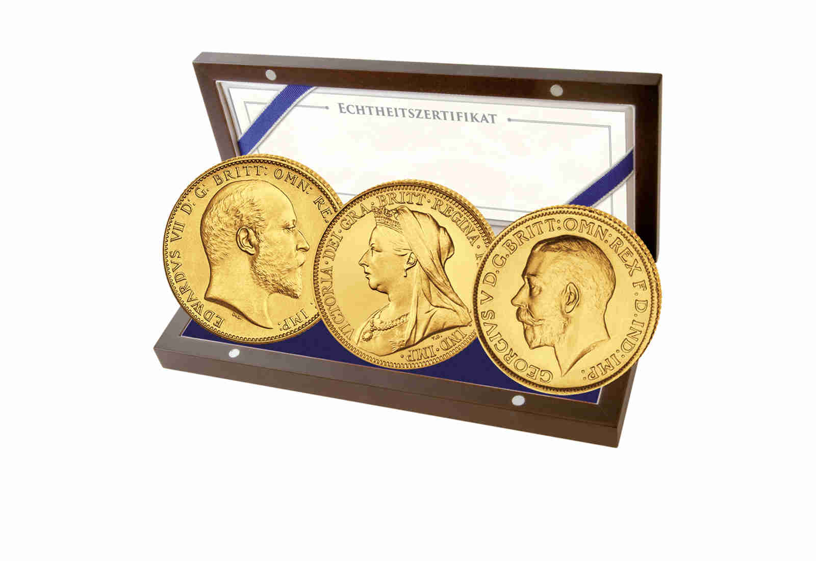 Sovereign Gold-Set Großbritannien Geroge V, Victoria, Edward VII im Etui & mit Zertifikat