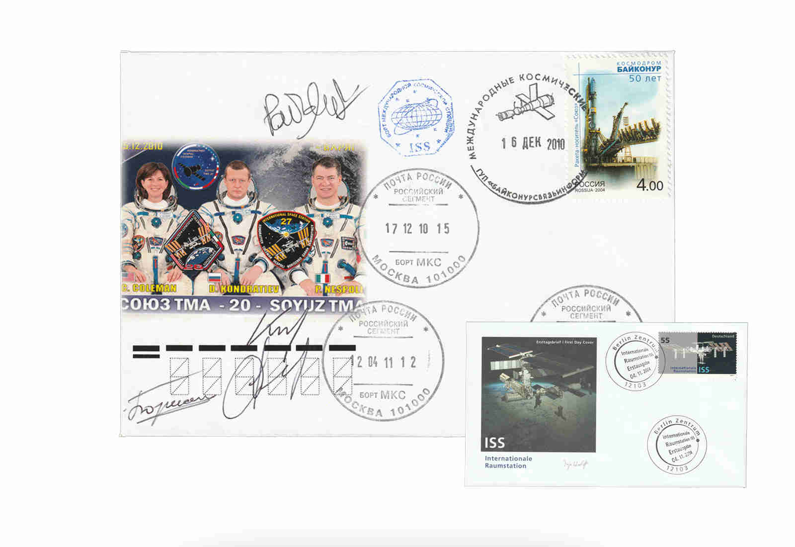 Weltraumbeleg Sojus TMA-20 2010 beförderter Begleitbrief inkl. 4 Original Unterschrifte