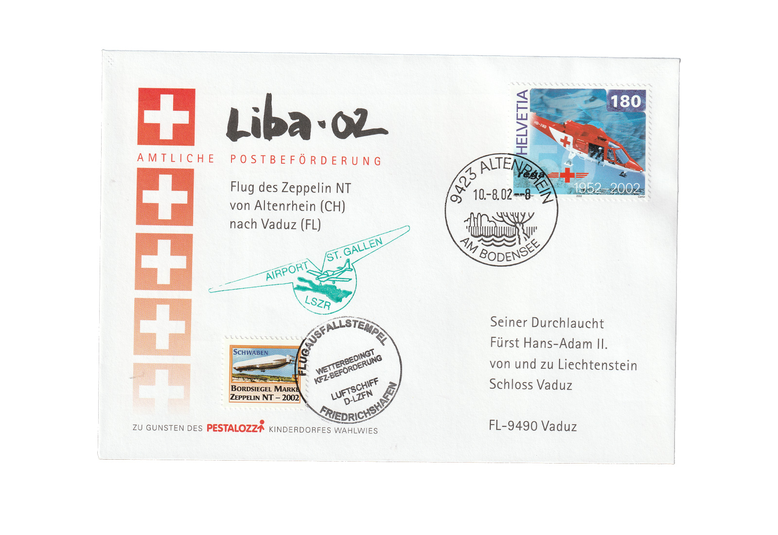 Zeppelin Beleg 2002 Liba 2002 Altenrhein an Board des Zeppelin D-LZFN