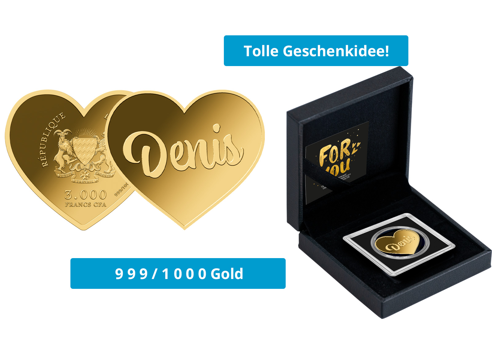 Goldmünze Motiv Herz Denis" 999/1000 Gold im Geschenketui