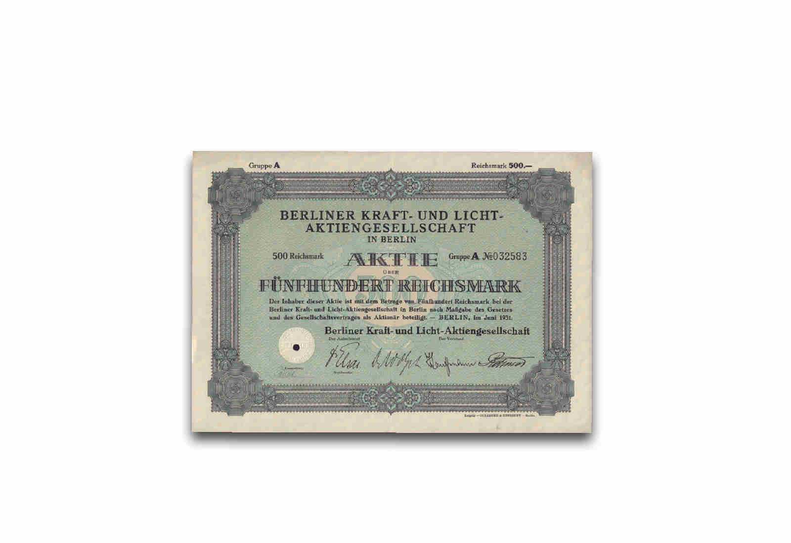 500 Reichsmark Aktie Berliner Kraft- und Licht AG Berlin 1931