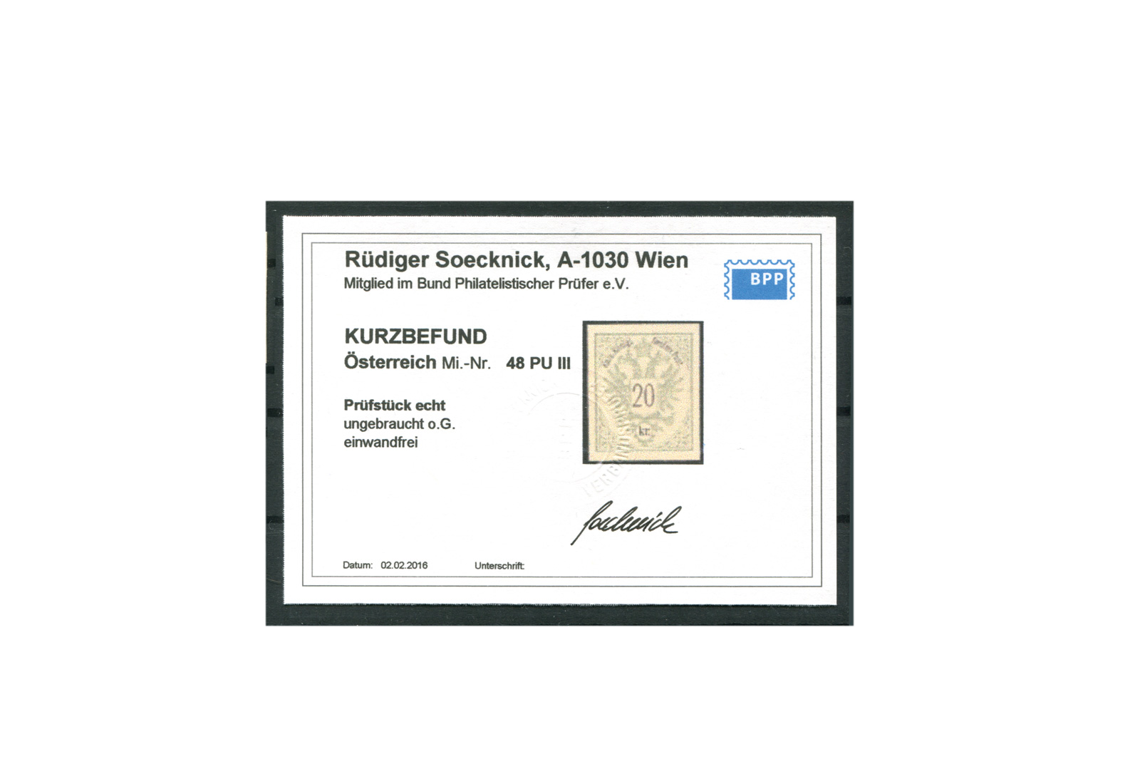 Briefmarke Österreich 20 Kreuzer Doppeladler 1883 Michel-Nr. 48 PU III ungezähnt Fotobefund