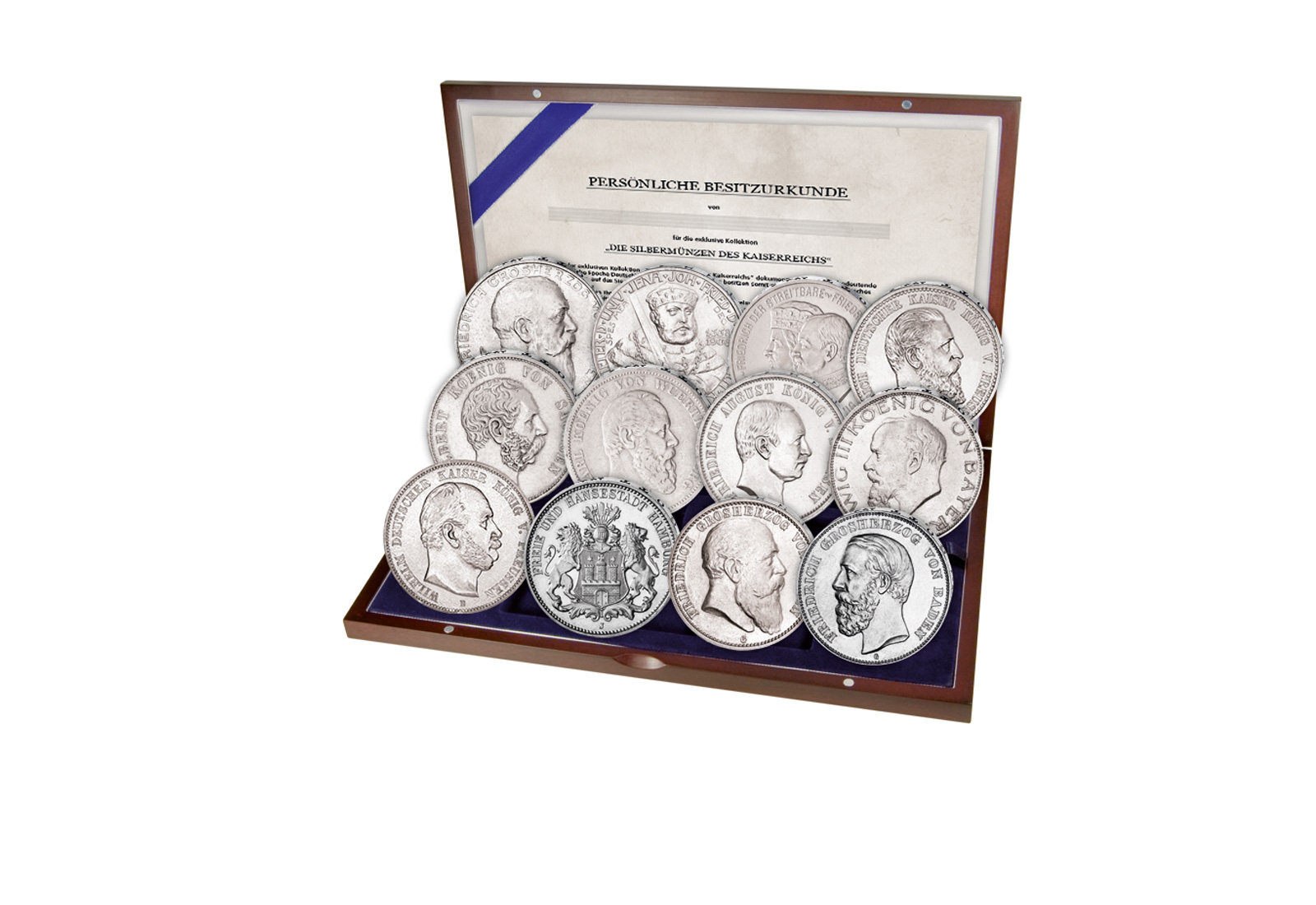 3 Mark Silbermünzenset 1908 - 1915 deutsches Kaiserreich 12 x 3 Mark in Kassette mit Besitz - Urkunde