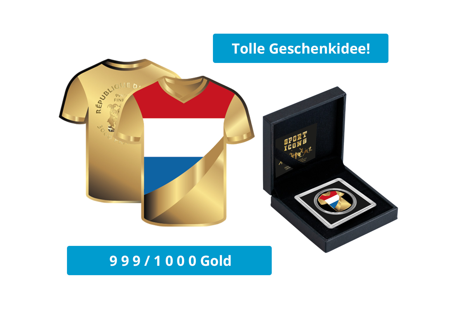 Goldmünze Motiv "Trikot Niederlande" 999/1000 Gold im Geschenketui