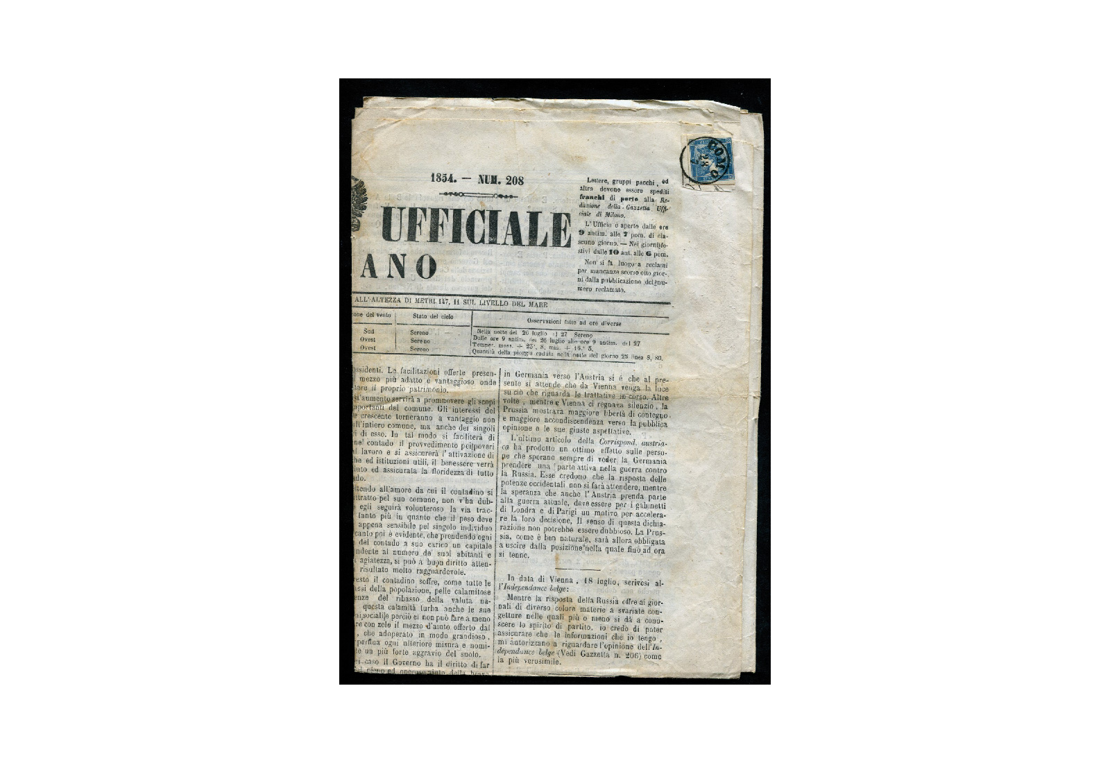 Österreich Zeitungsmarke 1851 Blauer Merkur Michel Nr. 6 I kpl. Zeitung