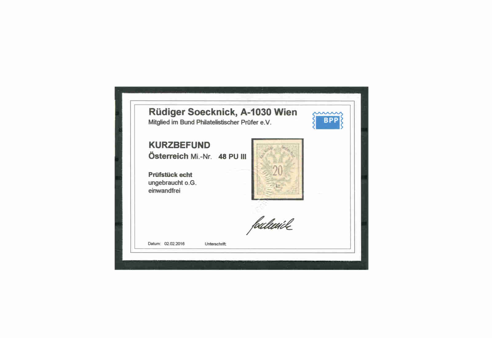 Briefmarke Österreich 20 Kreuzer Doppeladler 1883 Michel-Nr. 48 PU III ungezähnt Fotobefund
