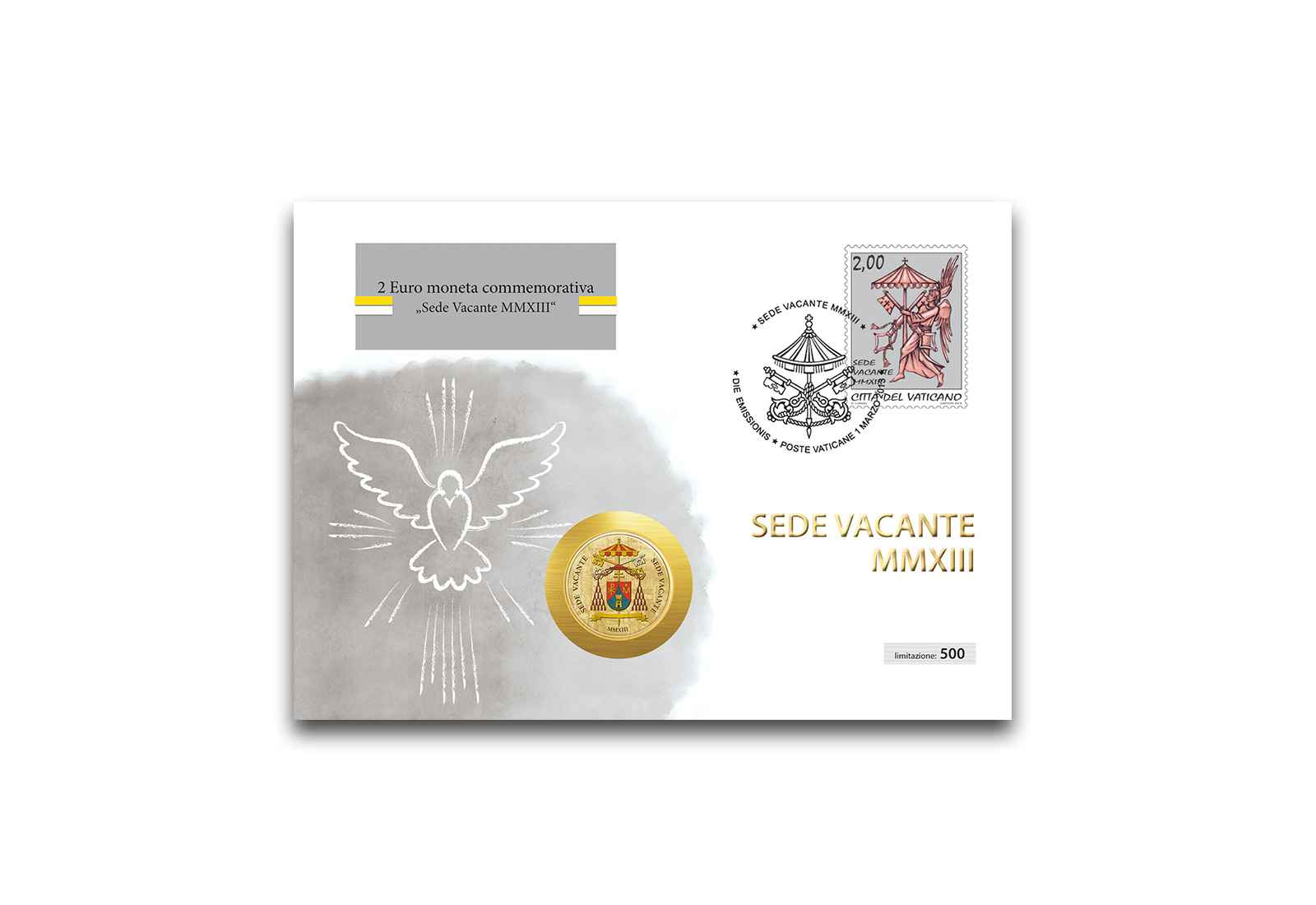 Numisbrief Vatikan 2013 grauer Taube mit 2 Euro Sedisvakanz mit Farbmotiv