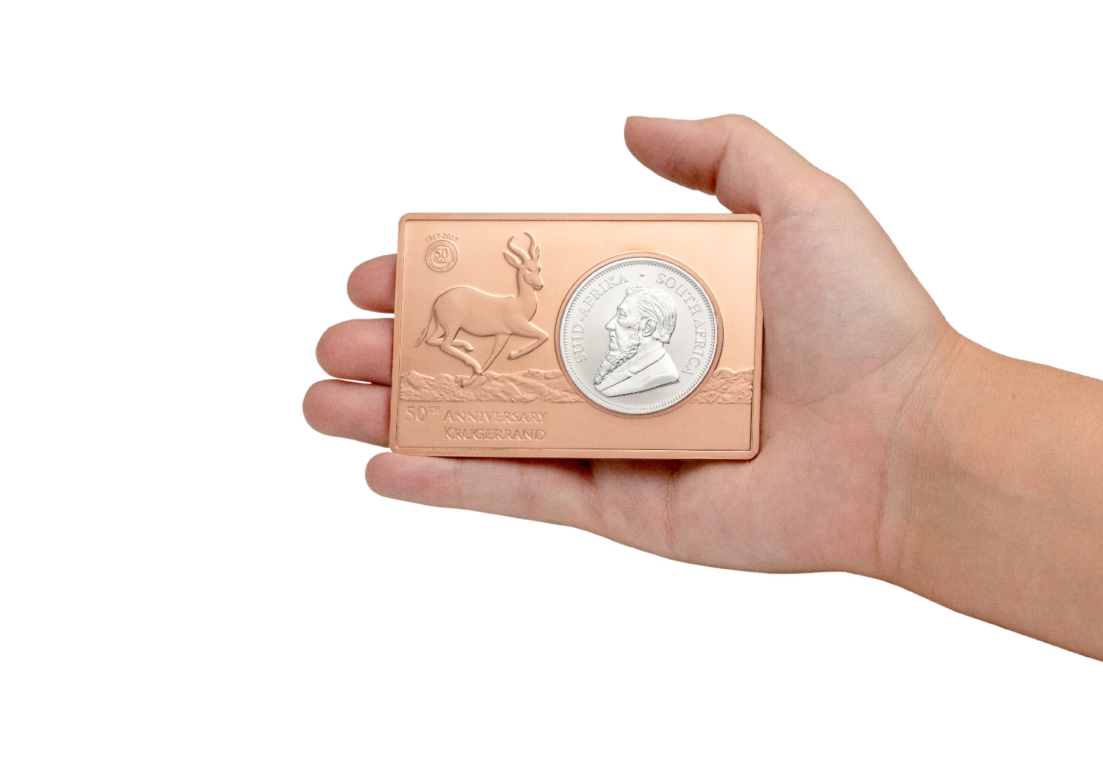 Krügerrand 1 oz Silber 2017 Südafrika 50 J. Jub.eingefasst in einem Kupferbarren