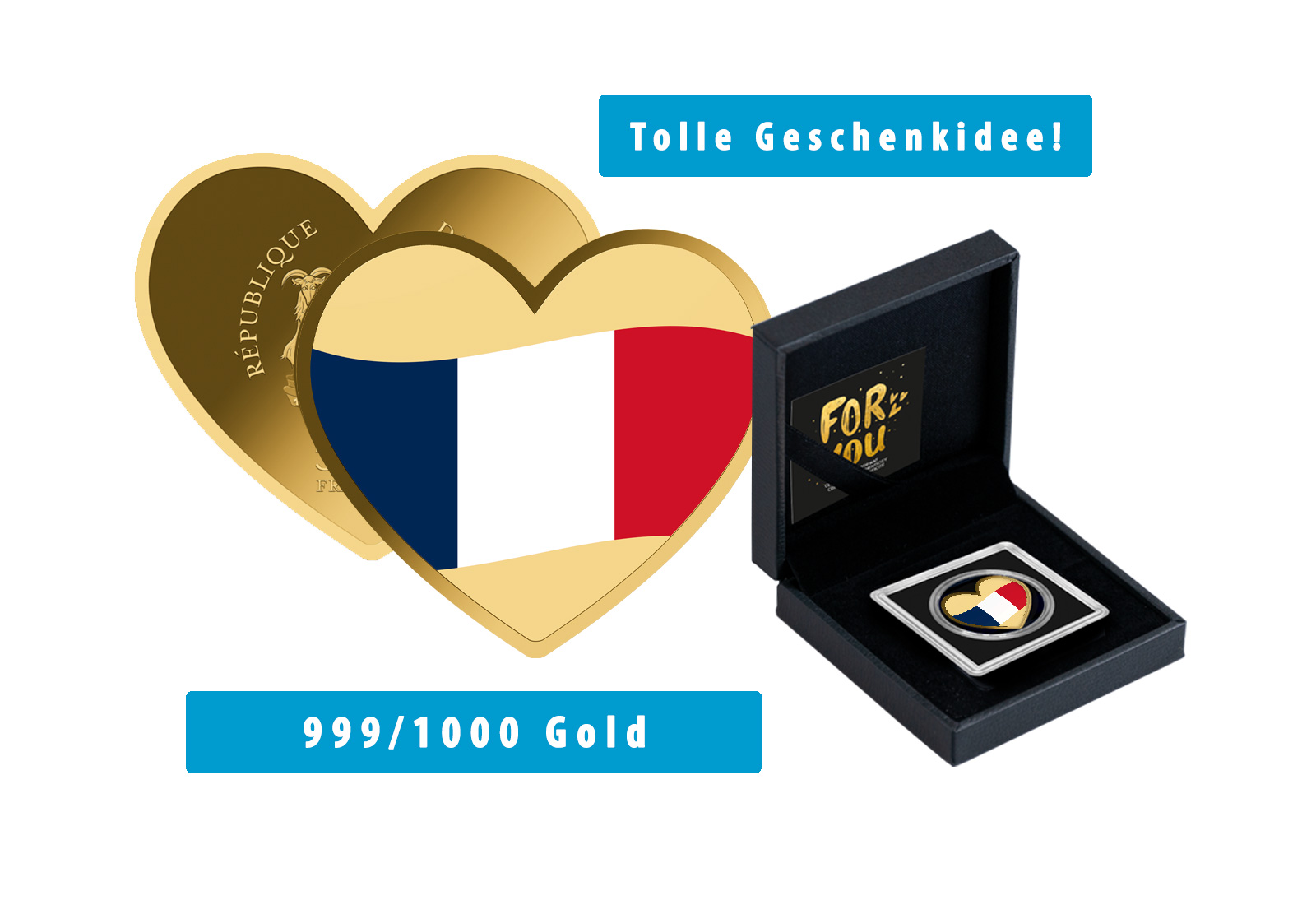 Goldmünze Motiv "Ein Herz für Frankreich" 999/1000 Gold im Geschenketui