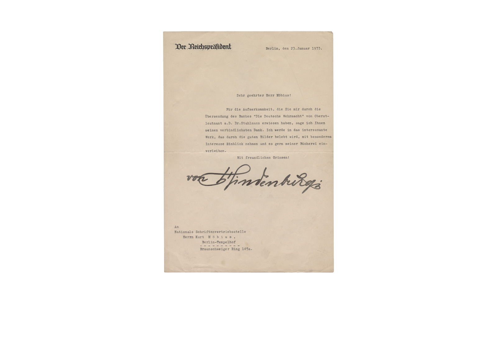 1933, Danksagung Hindenburg mit Original Unterschrift