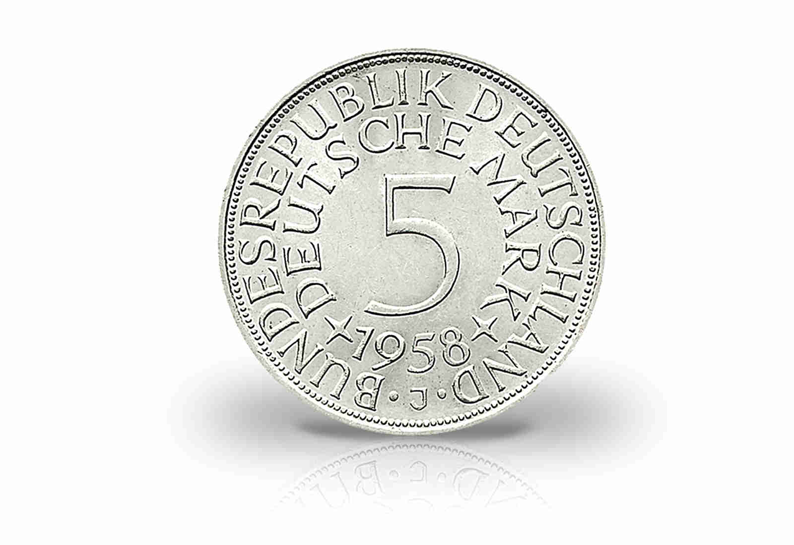 5 DM Silbermünze 1958 BRD Silberadler Prägestätte J Jaeger-Nr. 387
