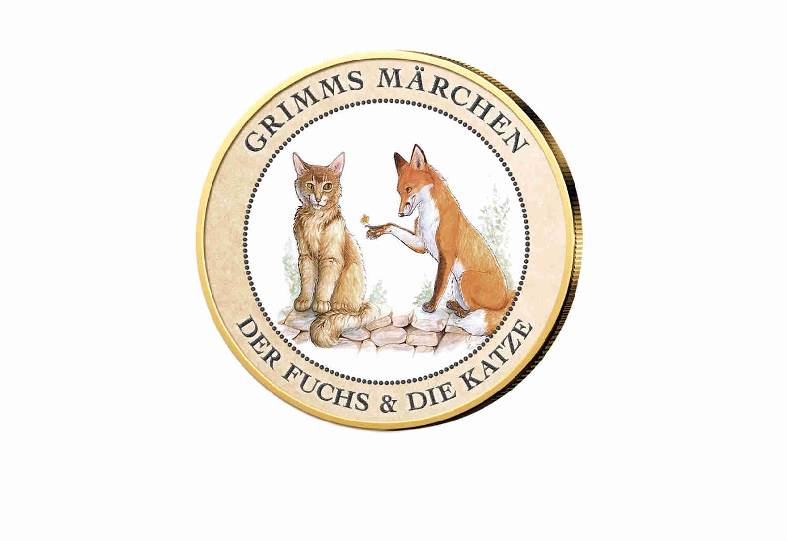2 Euro vergoldet Der Fuchs und die Katze mit Farbmotiv