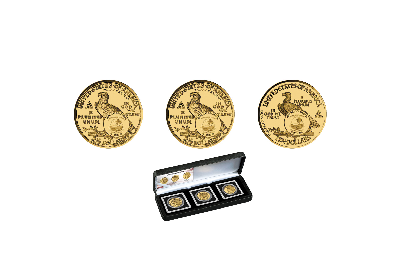 Komplettset Goldmünzen Indian Head 3 Motive 999er Gold