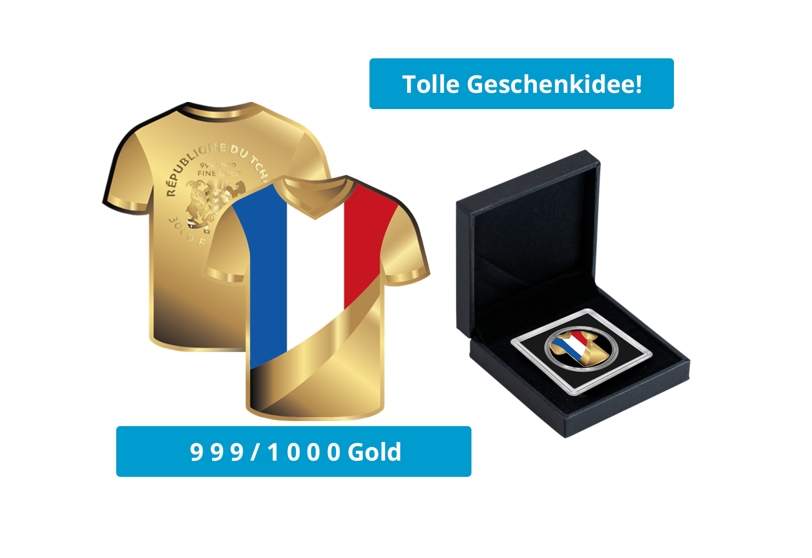 Goldmünze Motiv "Trikot Frankreich" 999/1000 Gold im Geschenketui