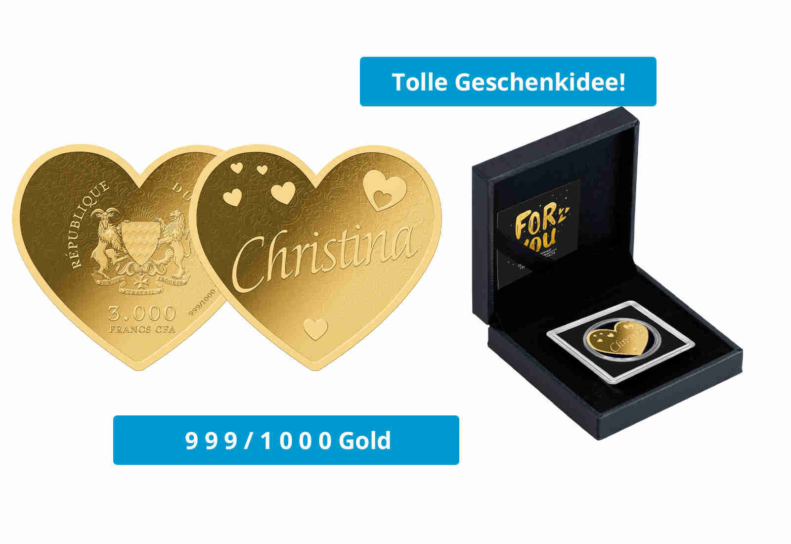 Goldmünze Motiv "Herz Christina" 999/1000 Gold im Geschenketui