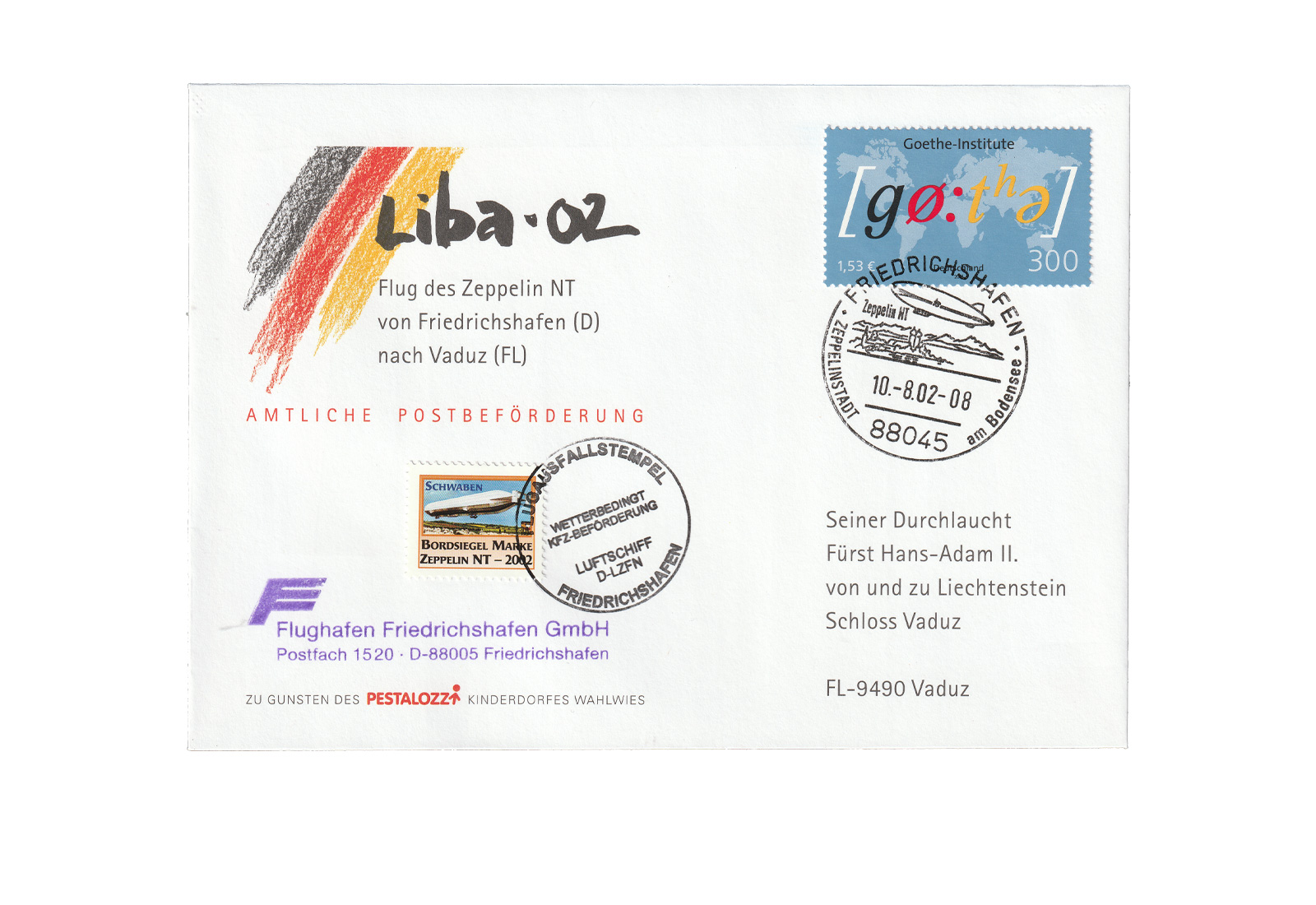 Zeppelin Beleg 2002 Liba 2002 FN nach Vaduz an Board des Zeppelin D-LZFN