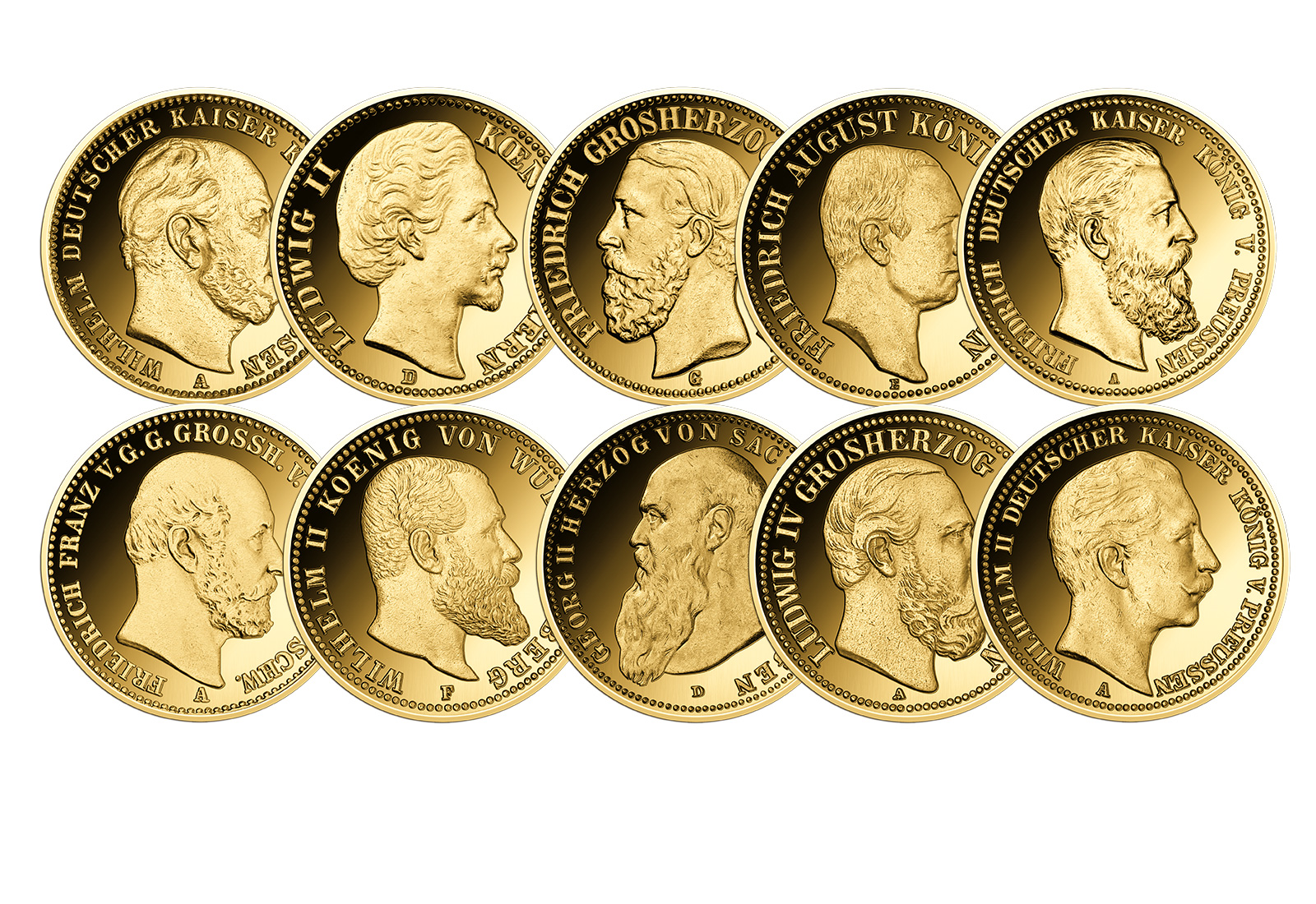 Die 10 bedeutendsten Münzen des deutschen Kaiserreichs als Neuprägungen aus 999/1000 Gold