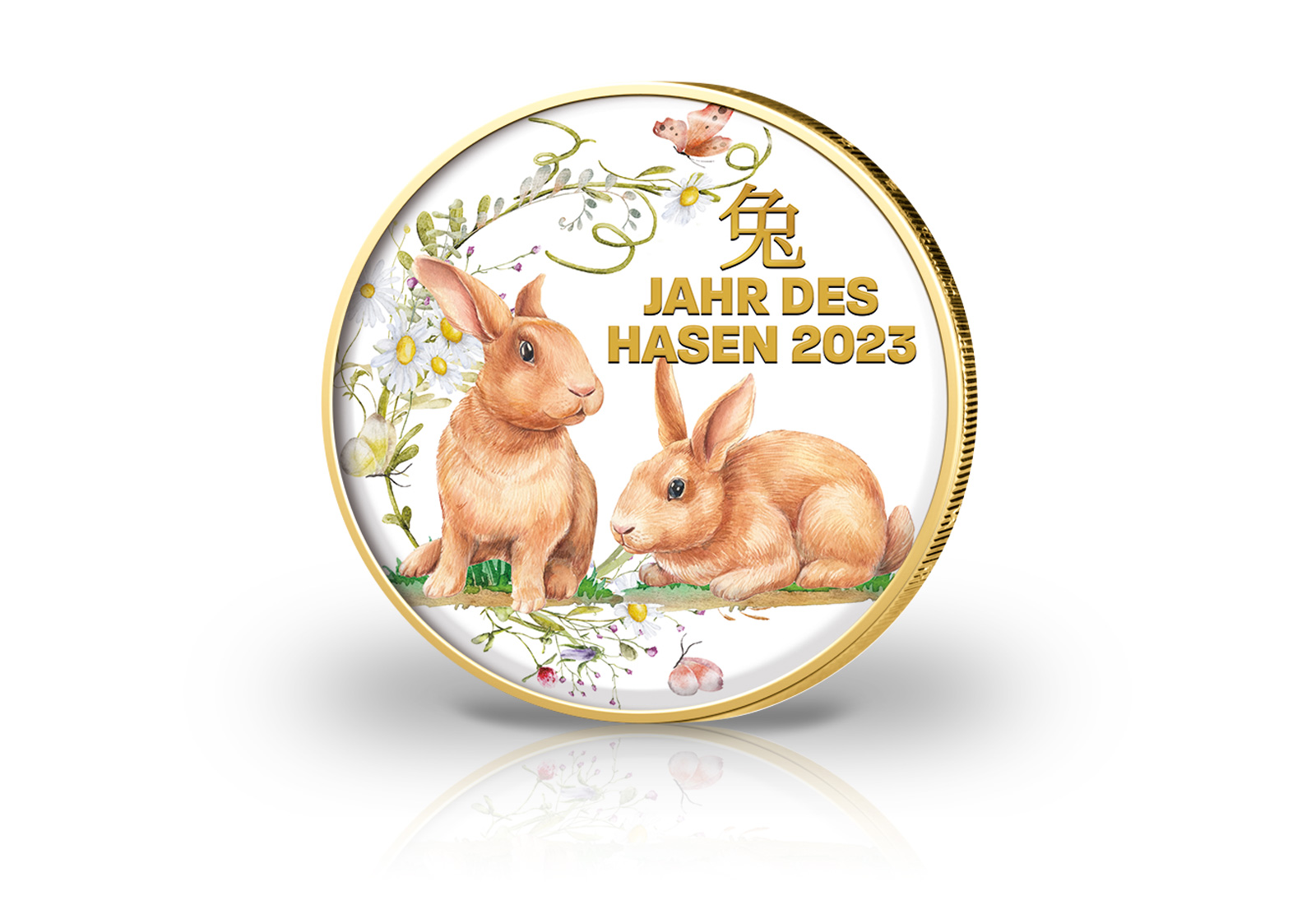 2 Euro vergoldet Jahr des Hasen 2023 mit Farbmotiv