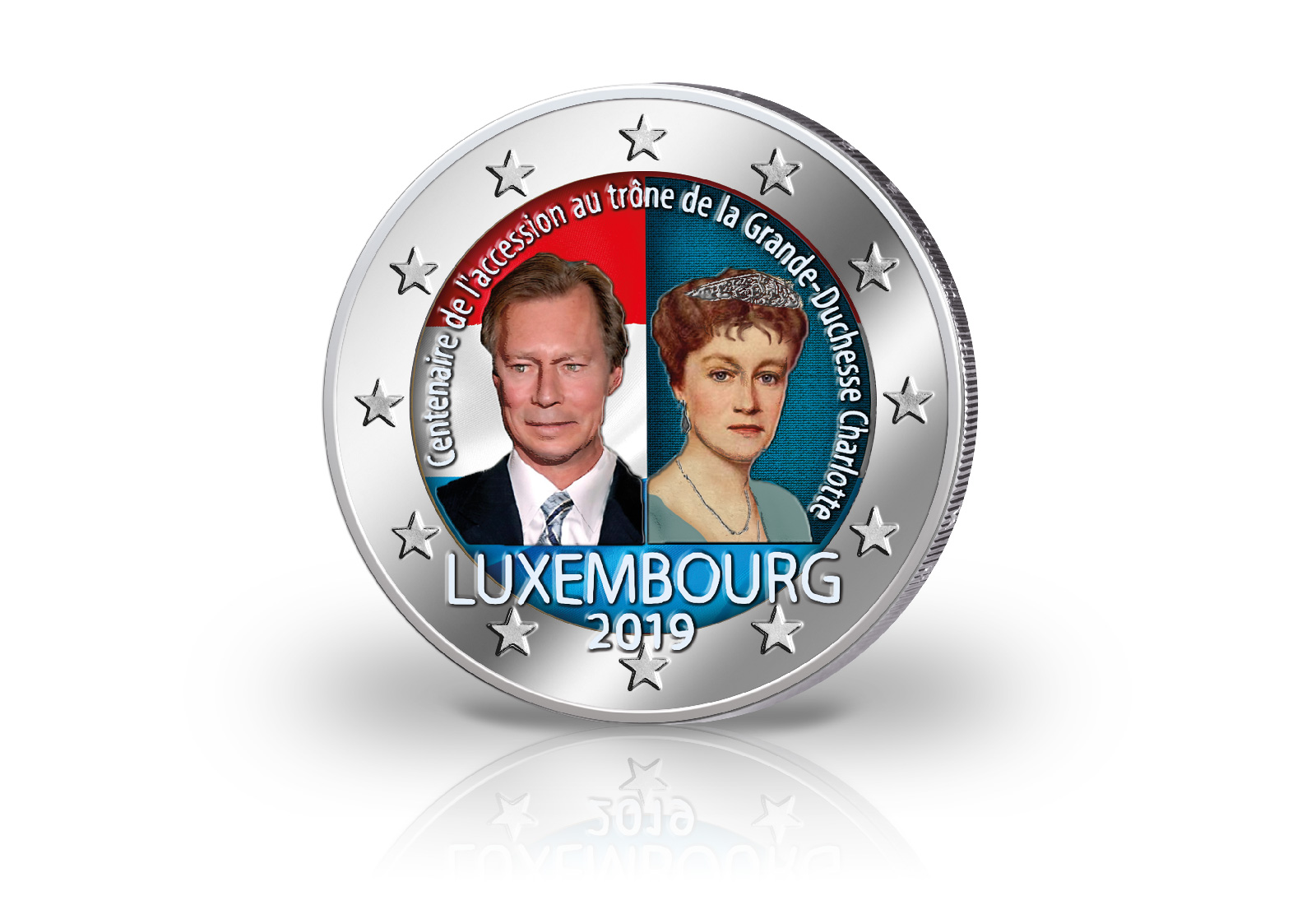 2 Euro 2019 Luxemburg 100. Jahrestag Thronbesteigung von Großherzogin Charlotte mit Farbapplikation