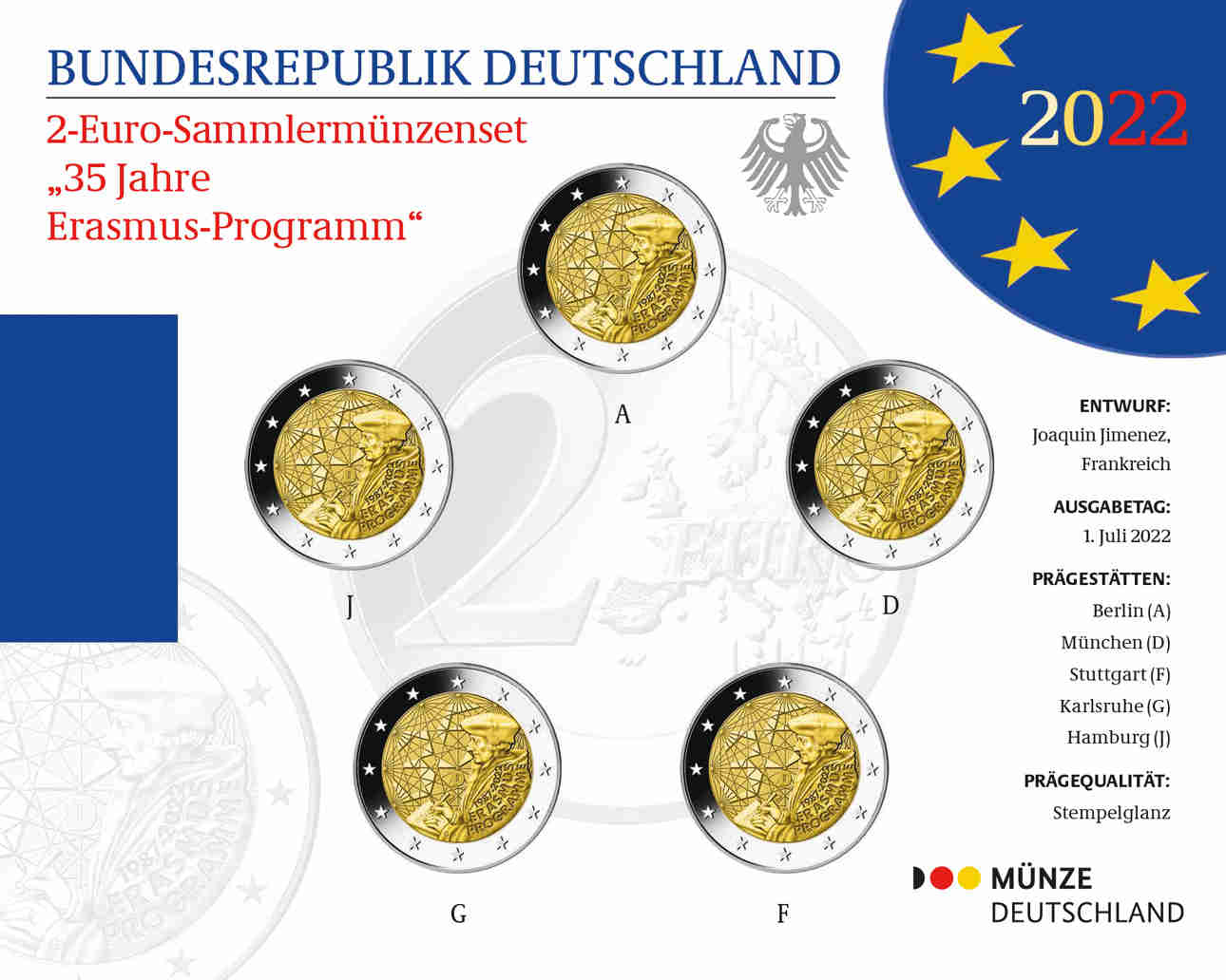 2 Euro Deutschland 2022 35 Jahre Erasmus-Programm Prägestätte A-J PP im Blister