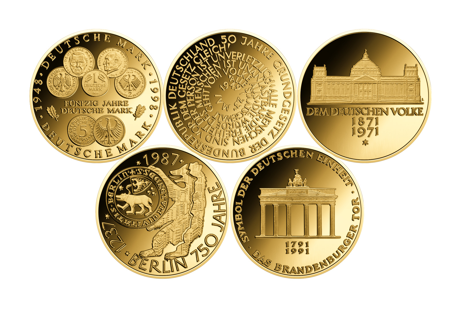 5er Set Goldausgaben Motive D-Mark als Neuprägung