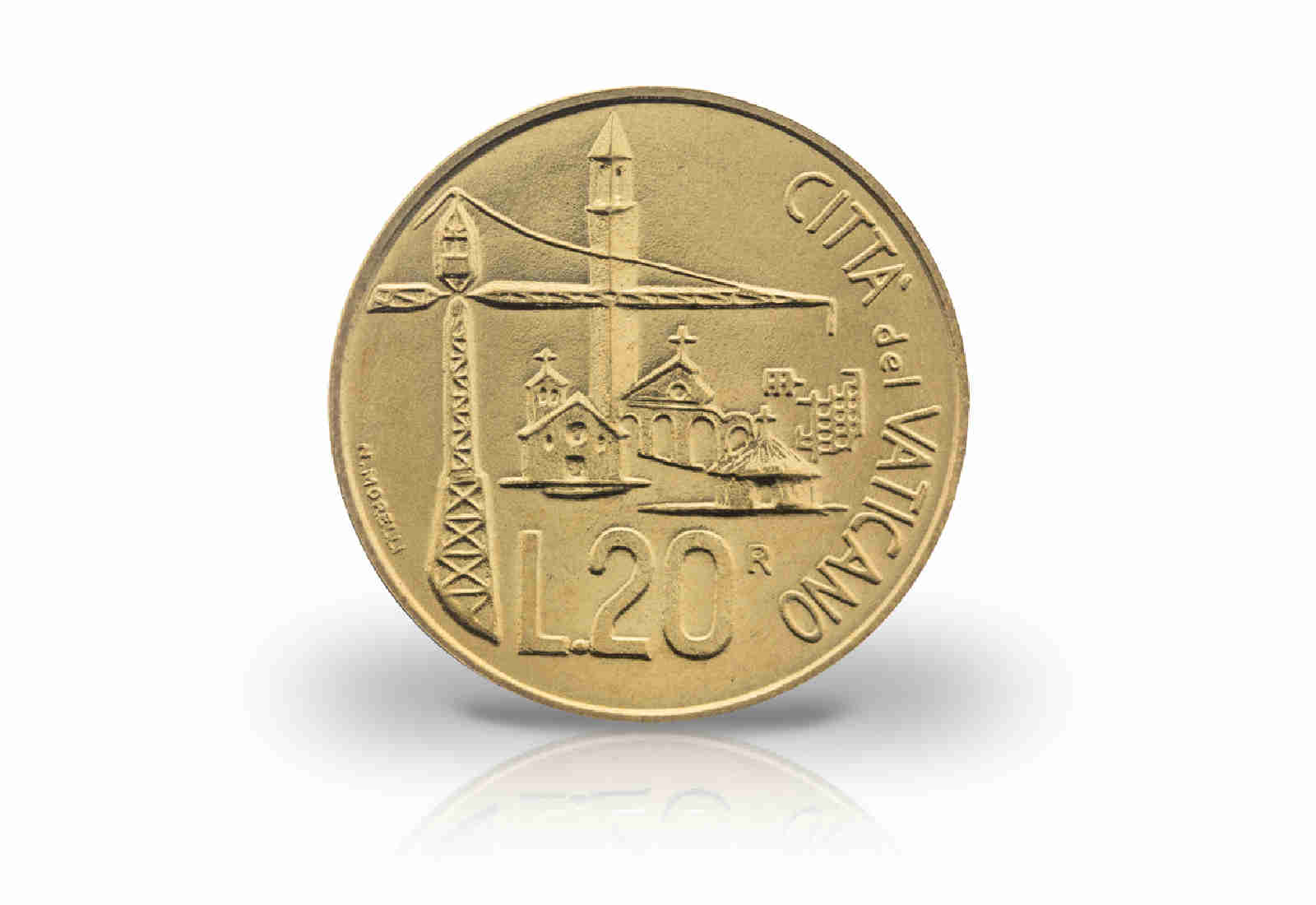 20 Lire 1991 Vatikan Papst Johannes Paul II. Krane und Gebäude