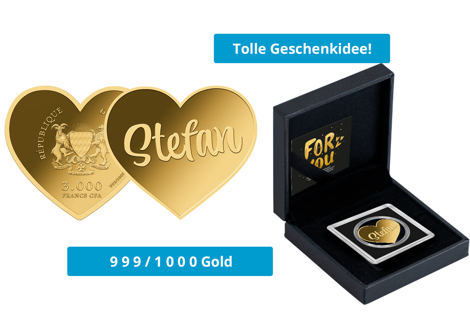 Goldmünze Motiv "Herz Stefan" 999/1000 Gold im Geschenketui